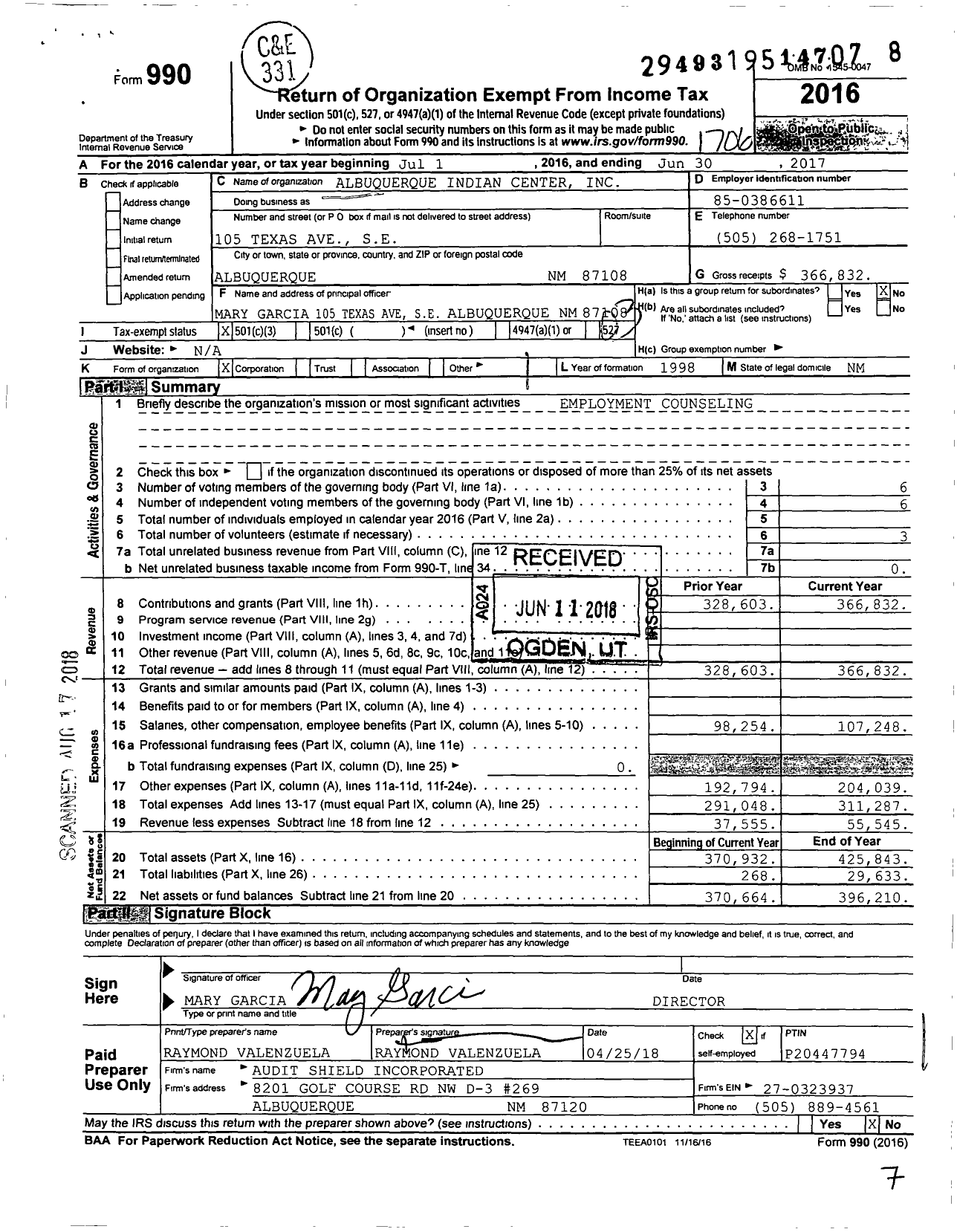 Image of first page of 2016 Form 990 for Albuquerque Indian Center