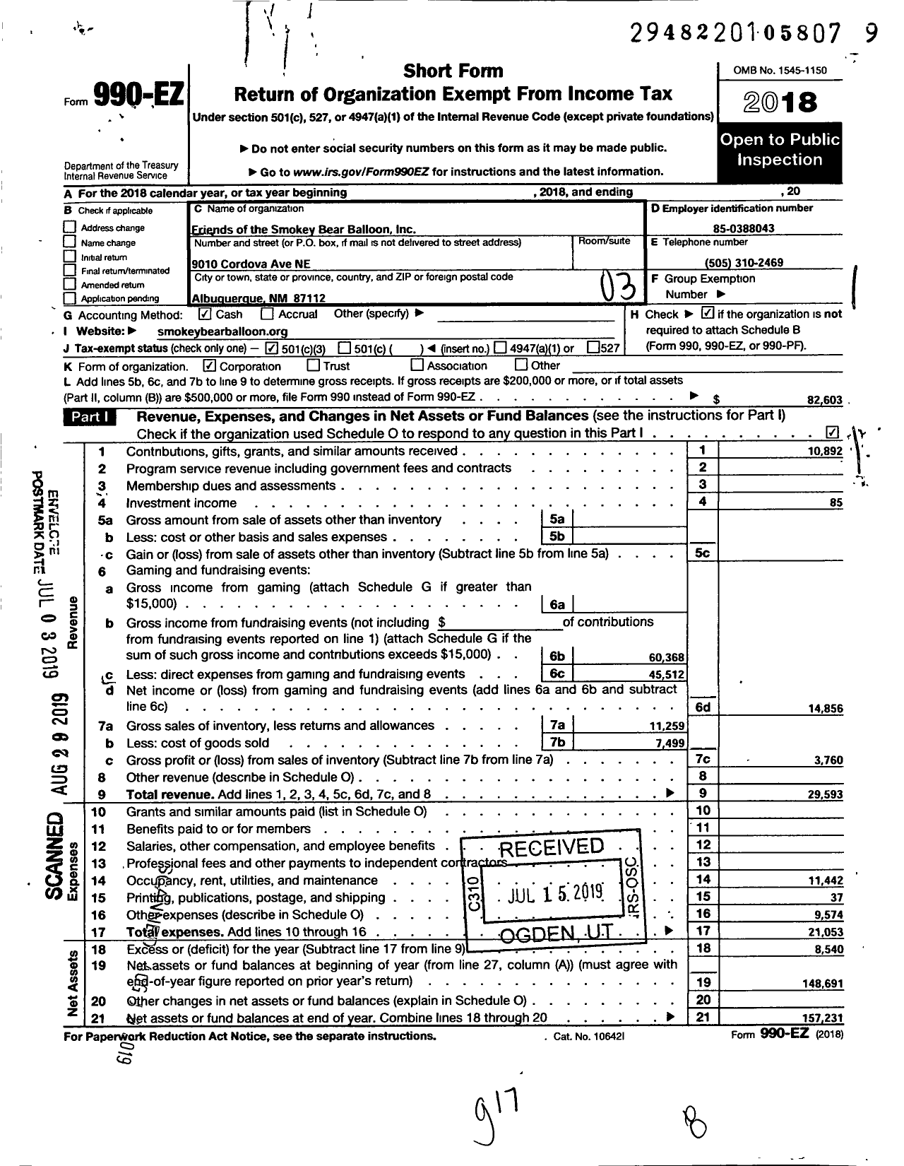 Image of first page of 2018 Form 990EZ for Friends of Smokey Bear Balloon