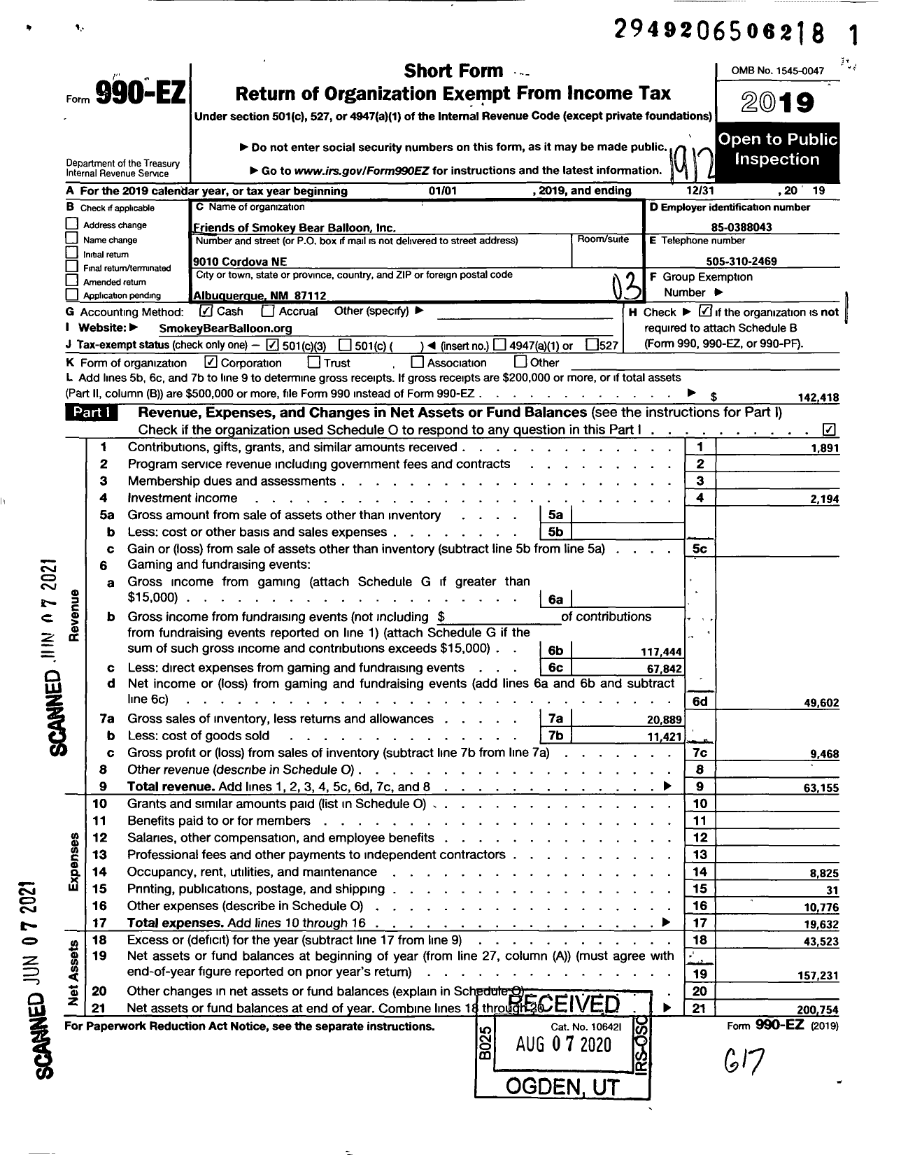 Image of first page of 2019 Form 990EZ for Friends of Smokey Bear Balloon