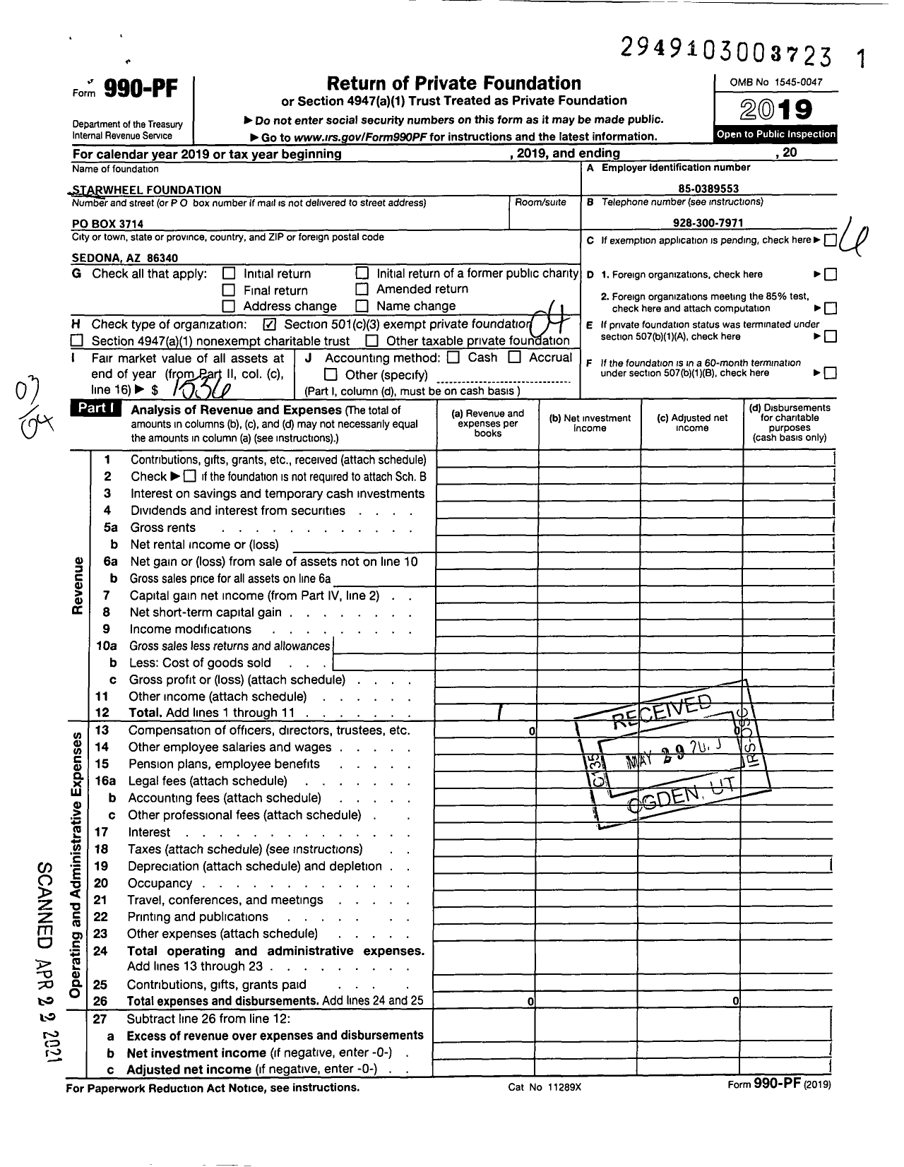 Image of first page of 2019 Form 990PF for Starwheel Foundation