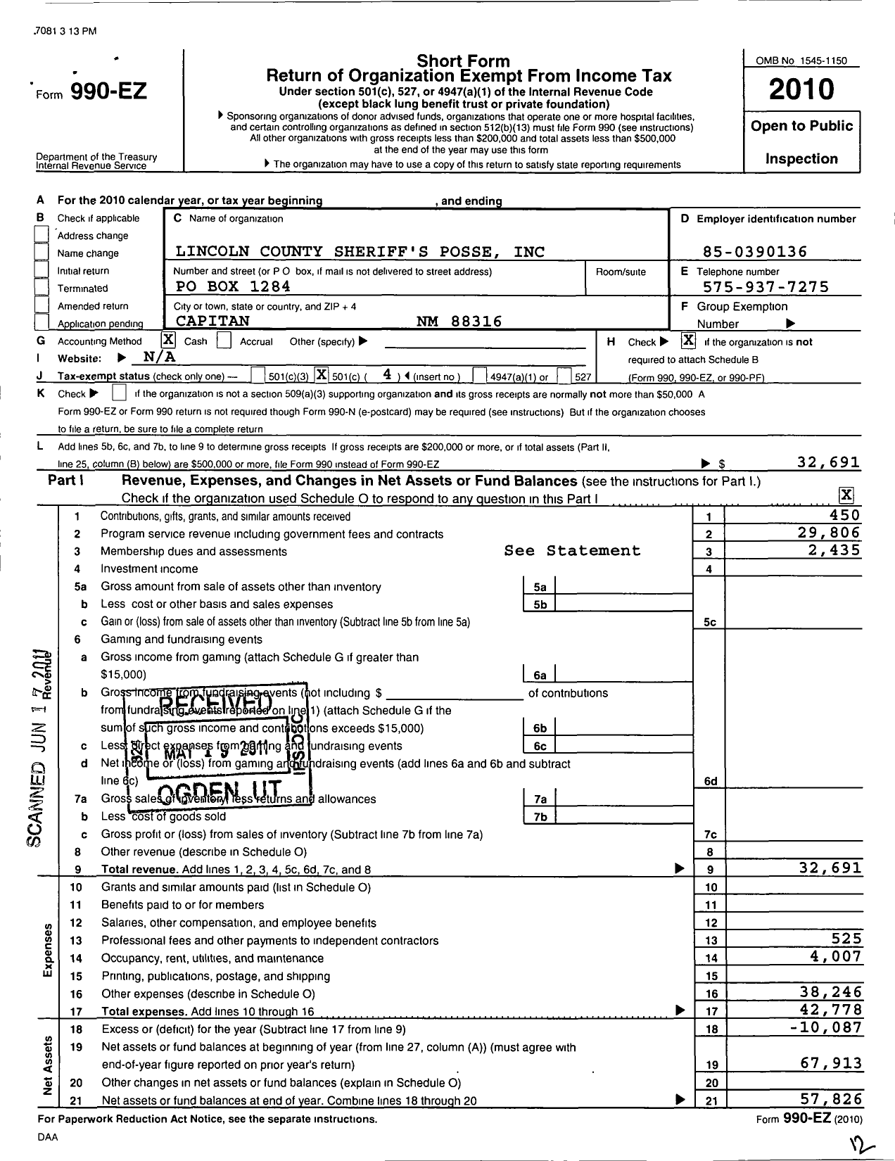 Image of first page of 2010 Form 990EO for Lincoln County Sheriffs Posse