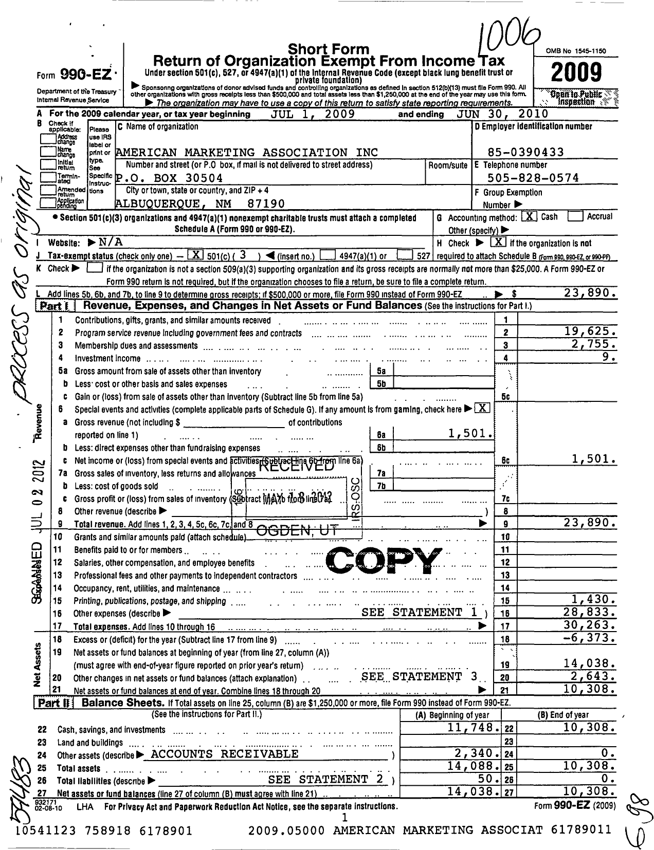 Image of first page of 2009 Form 990EZ for American Marketing Association / New Mexico Chapter