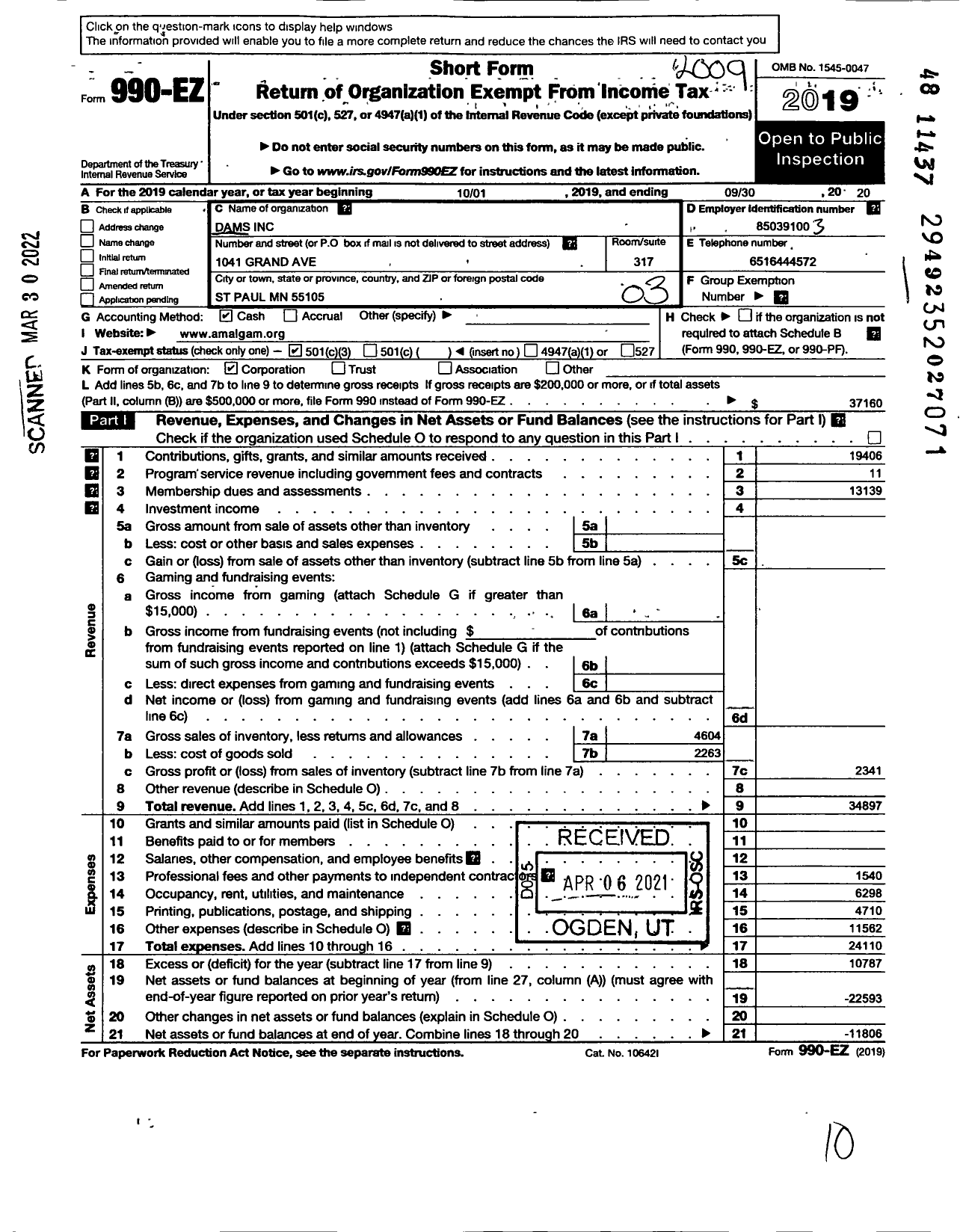 Image of first page of 2019 Form 990EZ for Dams