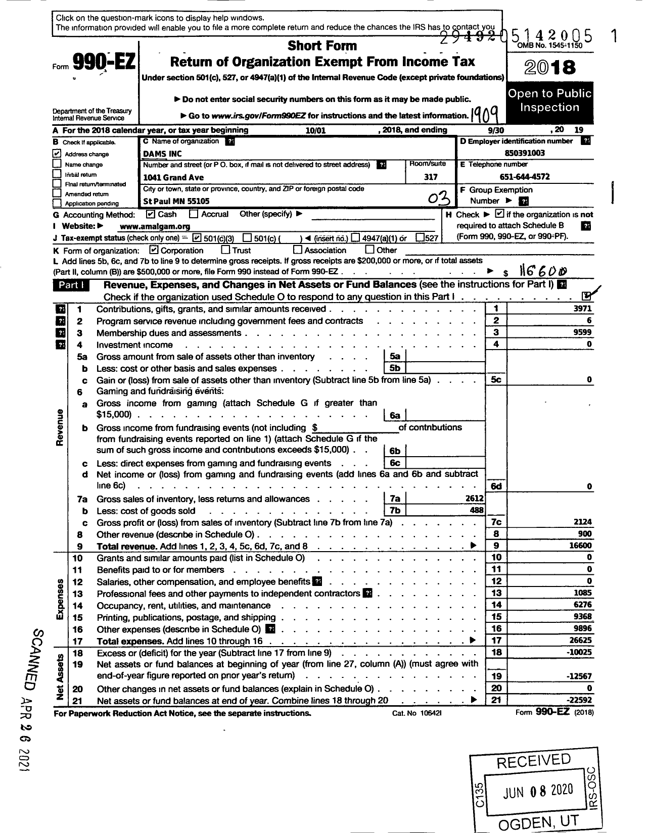 Image of first page of 2018 Form 990EZ for Dams