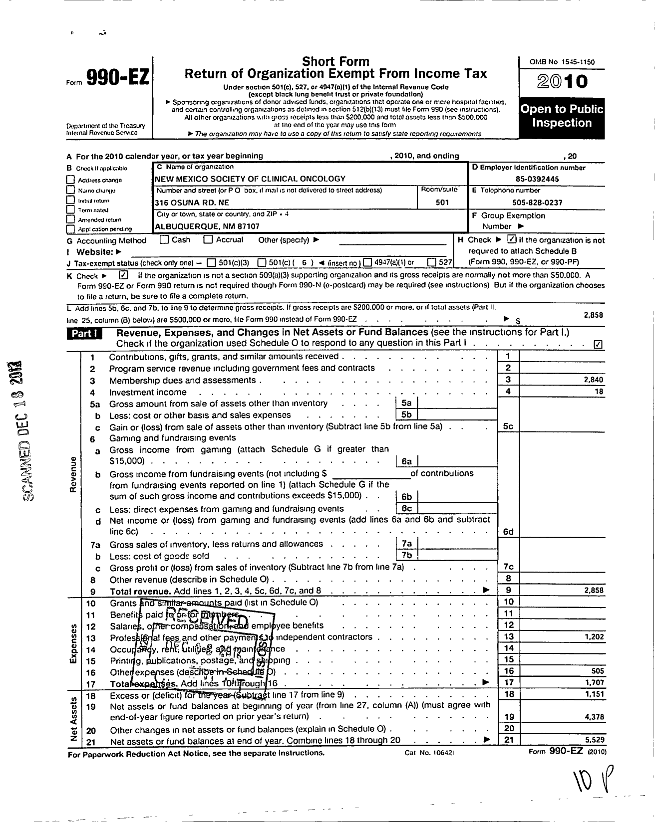 Image of first page of 2011 Form 990EO for New Mexico Society of Clinical Oncology