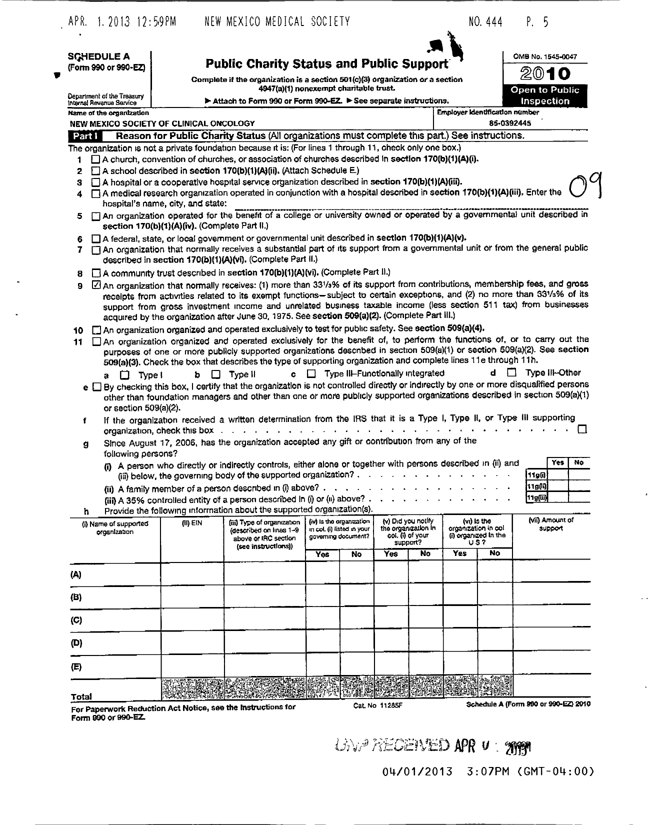 Image of first page of 2010 Form 990EOR for New Mexico Society of Clinical Oncology