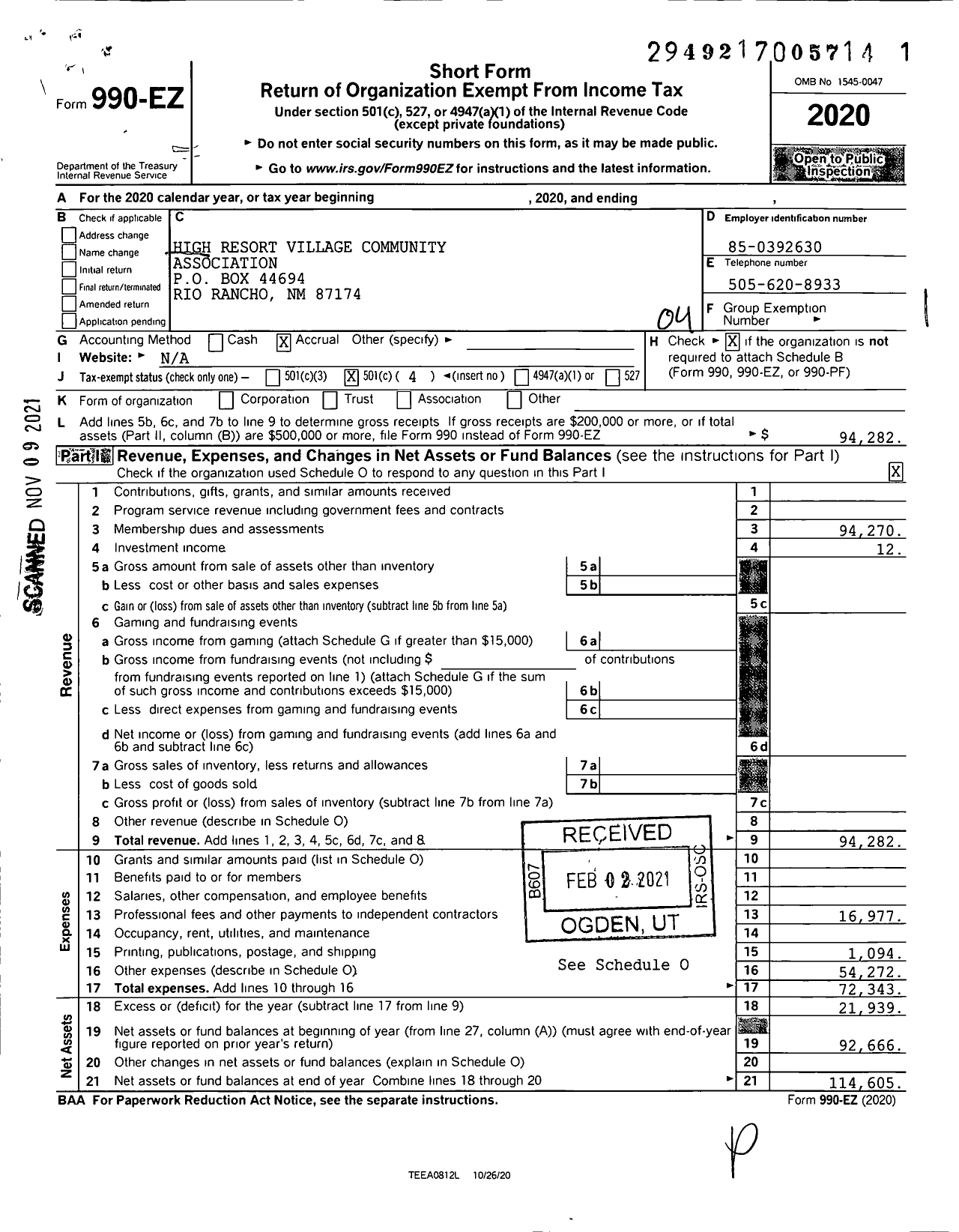 Image of first page of 2020 Form 990EO for High Resort Village Community Association