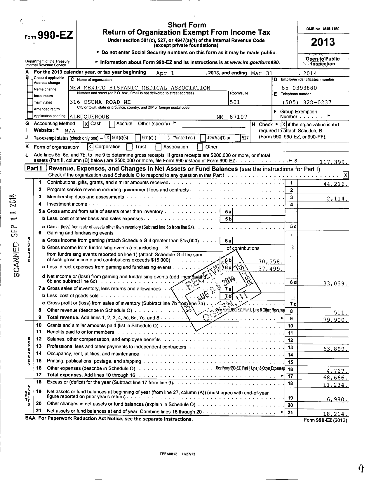 Image of first page of 2013 Form 990EZ for New Mexico Hispanic Medical Association