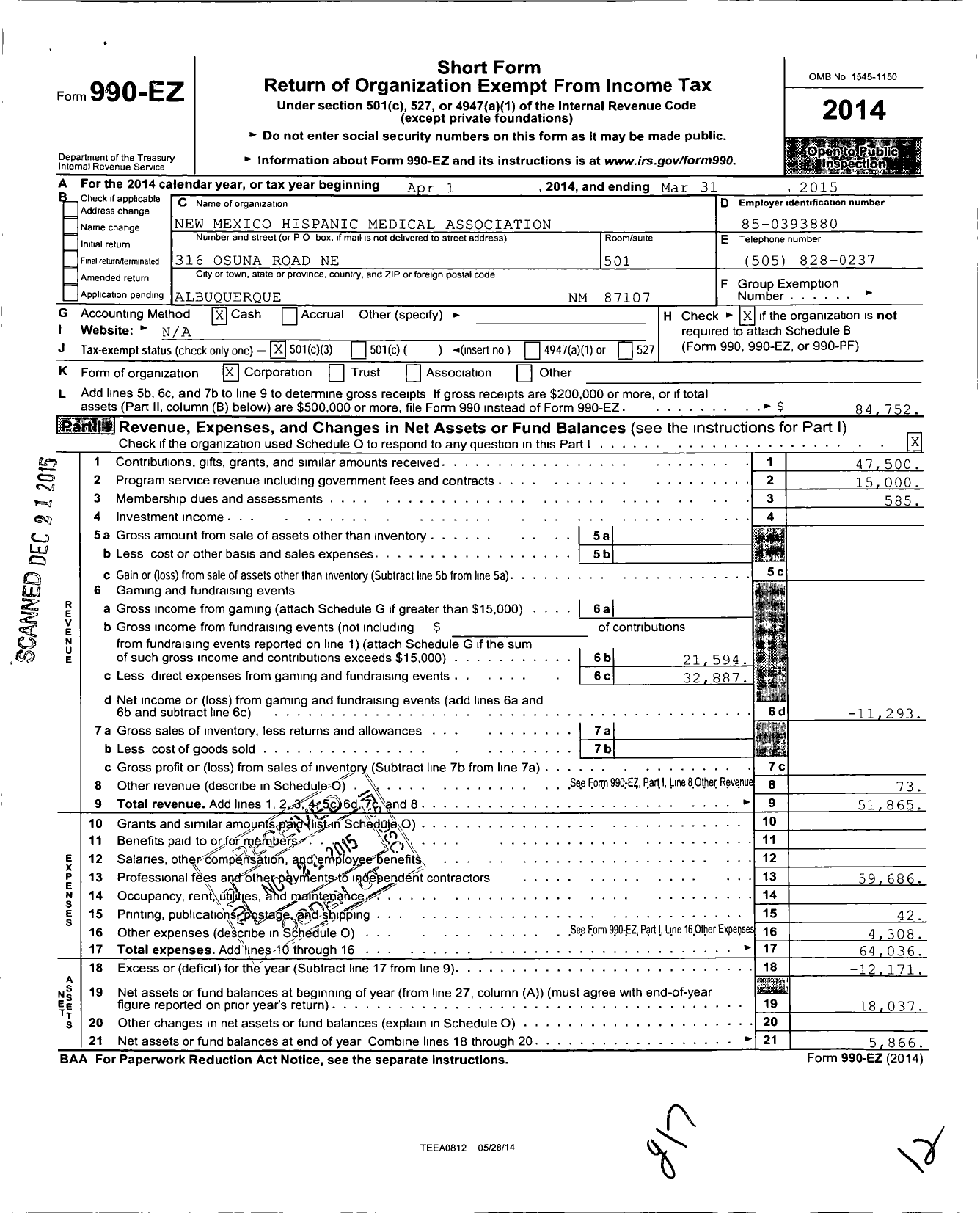 Image of first page of 2014 Form 990EZ for New Mexico Hispanic Medical Association