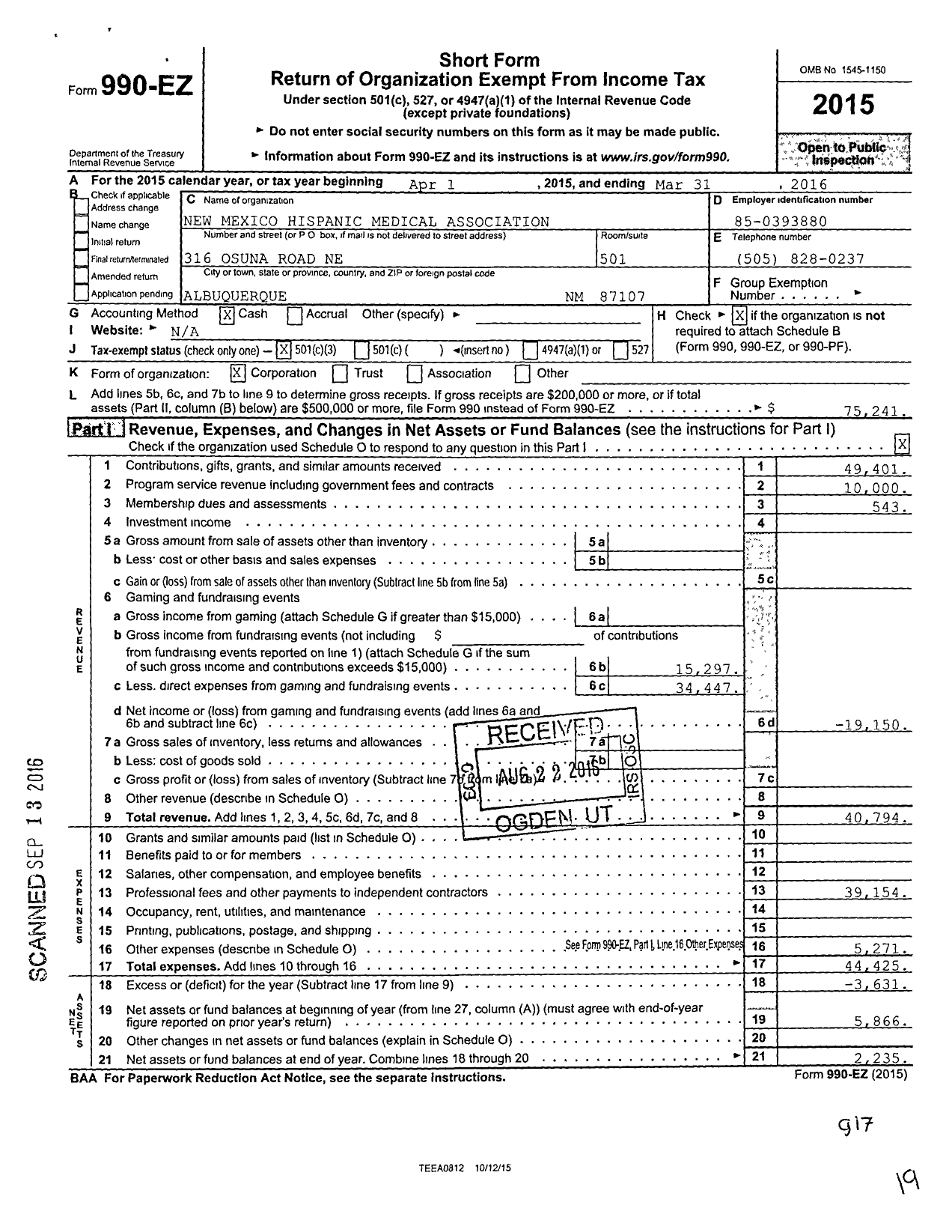 Image of first page of 2015 Form 990EZ for New Mexico Hispanic Medical Association