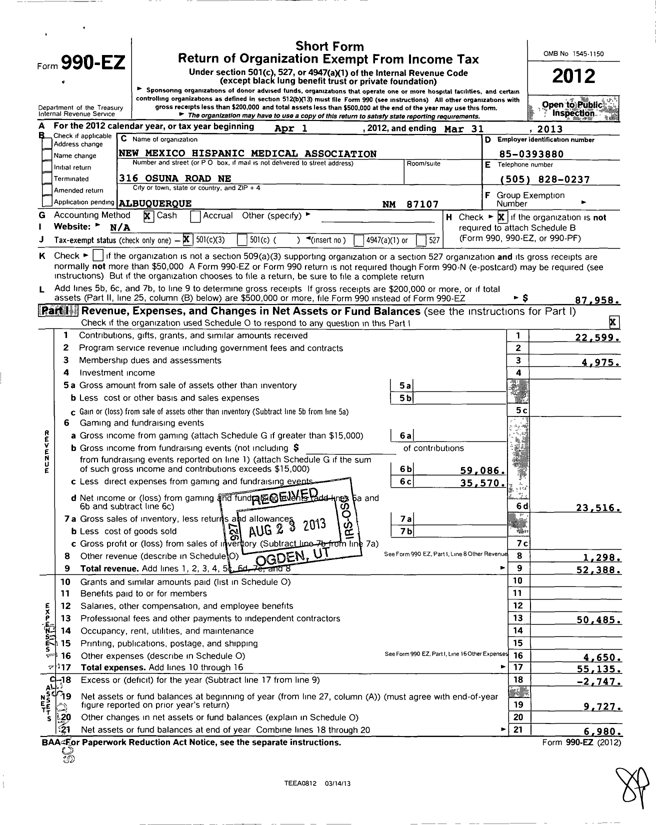 Image of first page of 2012 Form 990EZ for New Mexico Hispanic Medical Association