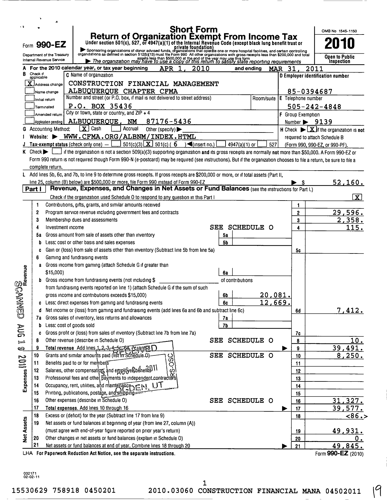 Image of first page of 2010 Form 990EO for Construction Financial Management Association / Cfma Albuquerque Chapter