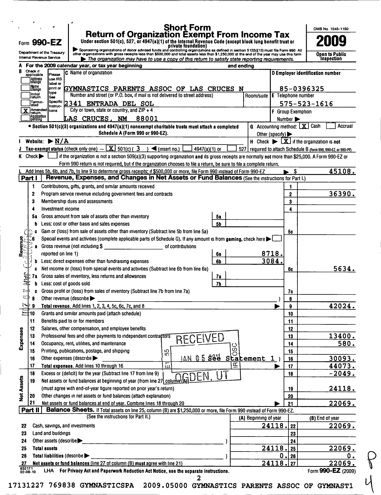 Image of first page of 2009 Form 990EZ for Gymnastics Parents Association of Las Cruces