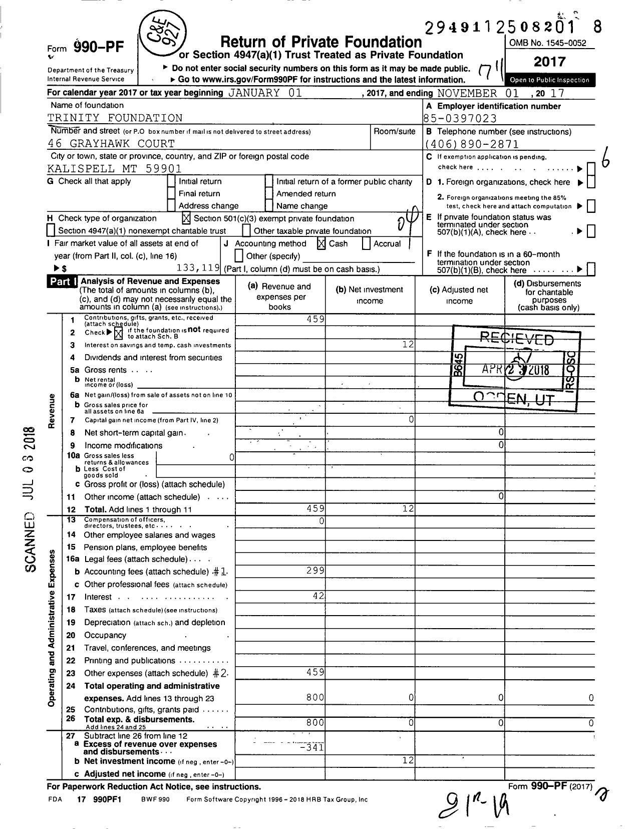 Image of first page of 2016 Form 990PF for Trinity Foundation