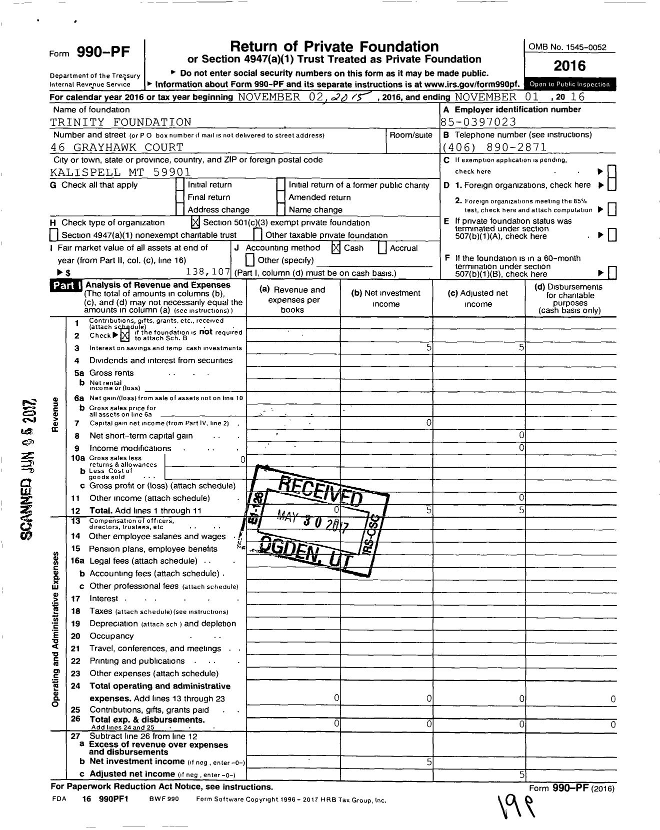 Image of first page of 2015 Form 990PF for Trinity Foundation