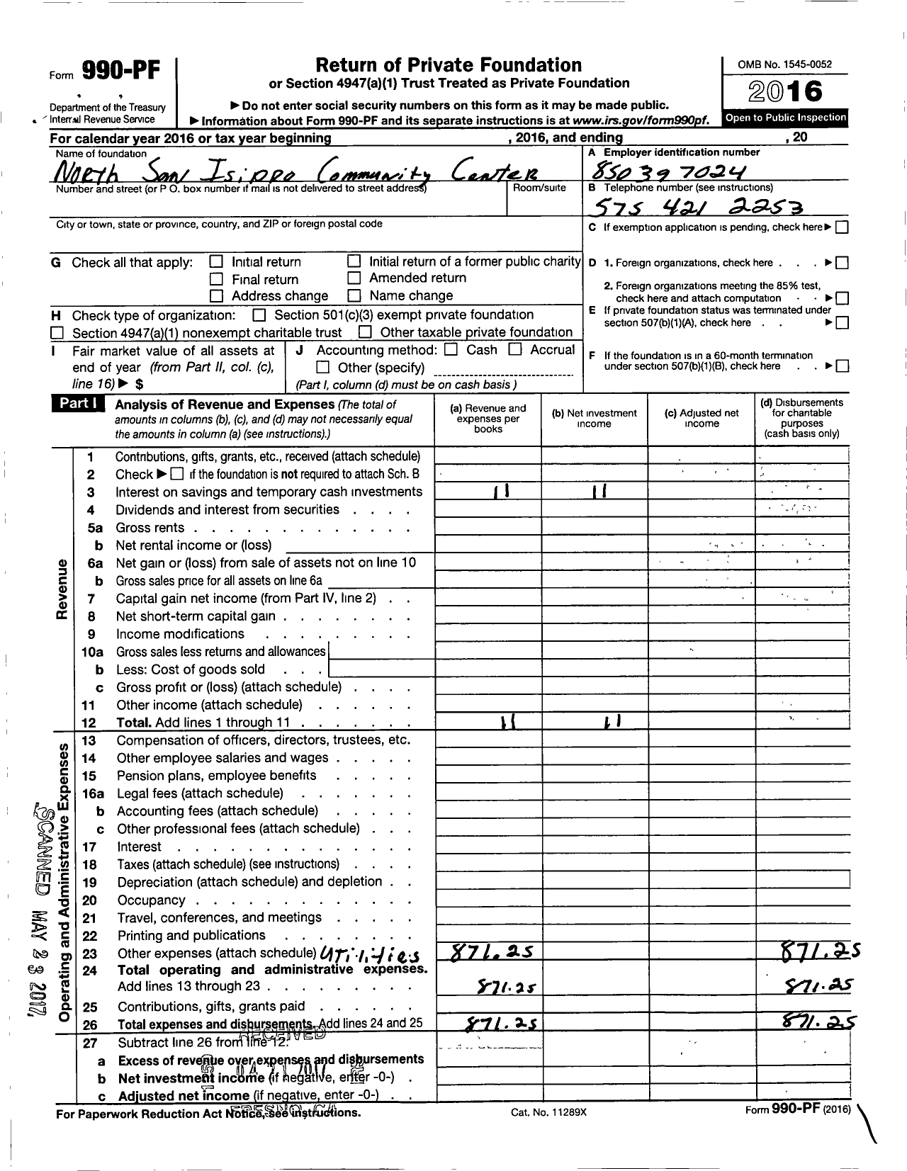 Image of first page of 2016 Form 990PF for North San Isidro Community Center