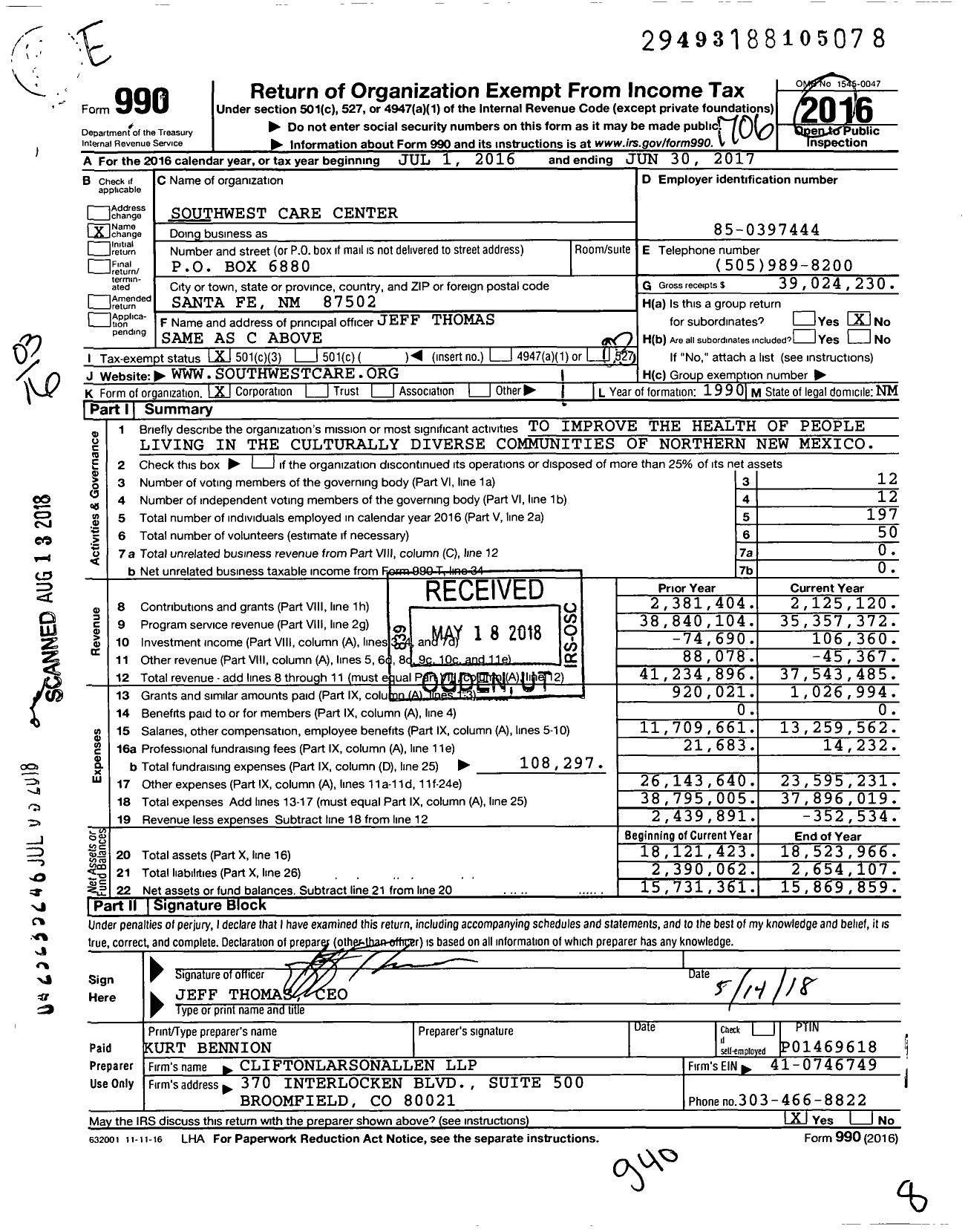 Image of first page of 2016 Form 990 for Southwest CARE Center