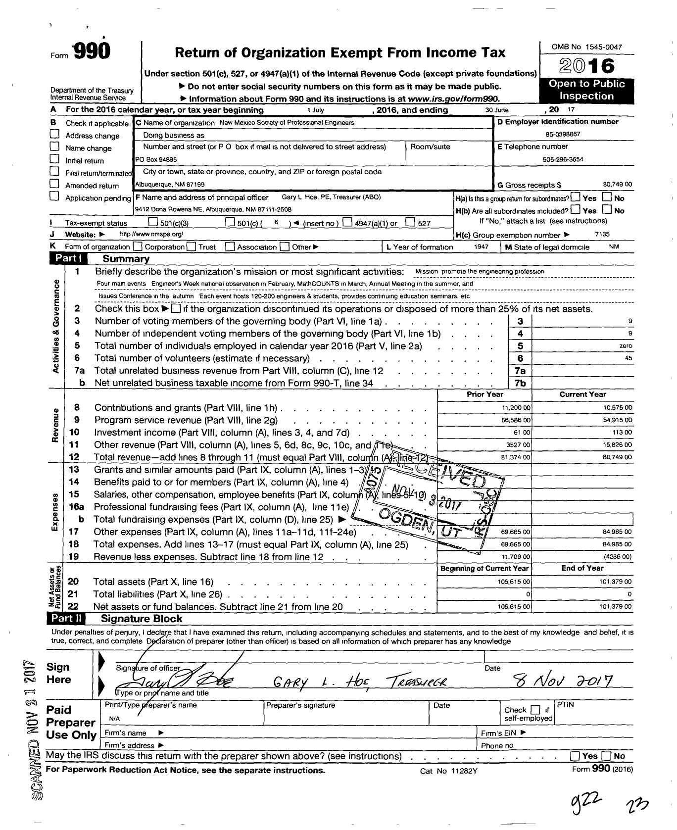 Image of first page of 2016 Form 990O for New Mexico Society of Professional Engineers / Group Return