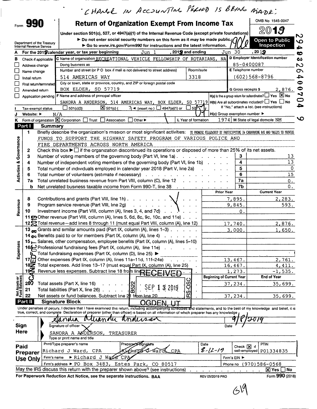 Image of first page of 2018 Form 990O for Recreational Vehicle Fellowship of Rotarians Na