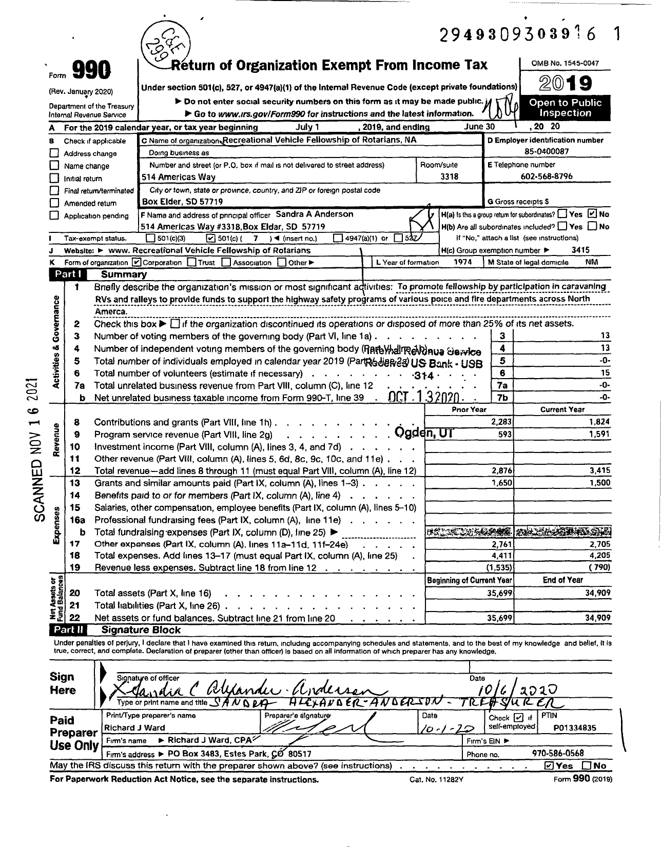 Image of first page of 2019 Form 990O for Recreational Vehicle Fellowship of Rotarians Na