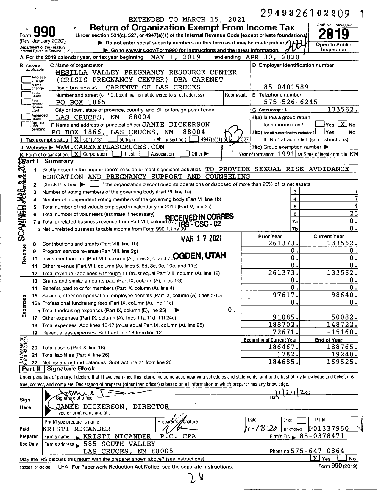 Image of first page of 2019 Form 990 for Carenet of Las Cruces