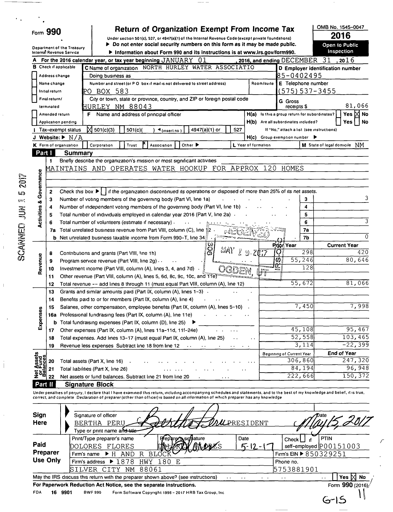 Image of first page of 2016 Form 990 for North Hurley Water Associatio