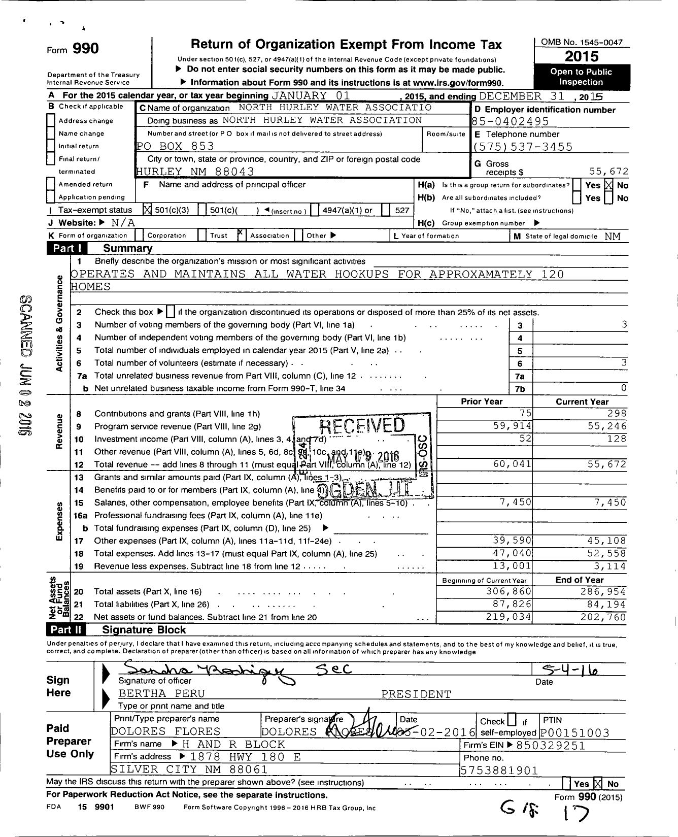 Image of first page of 2015 Form 990 for North Hurley Water Associatio