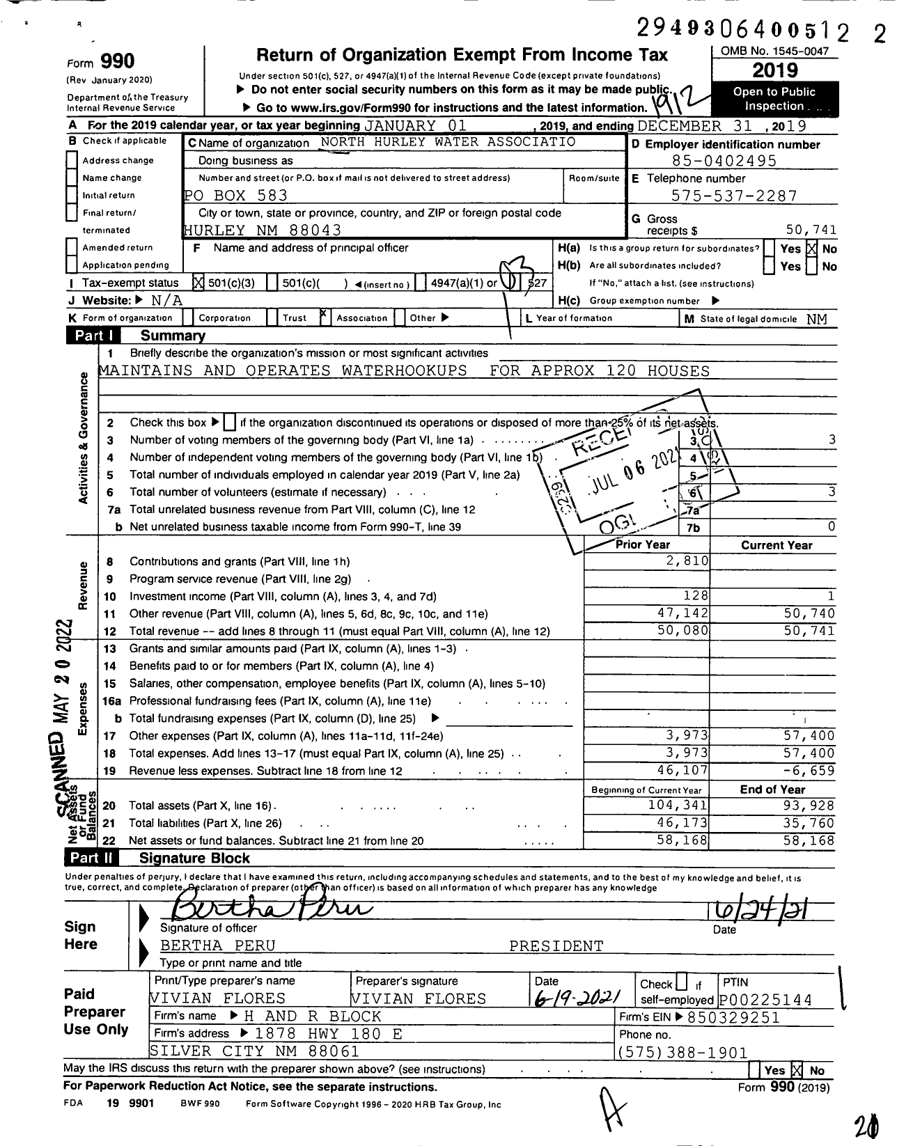 Image of first page of 2019 Form 990 for North Hurley Water Associatio