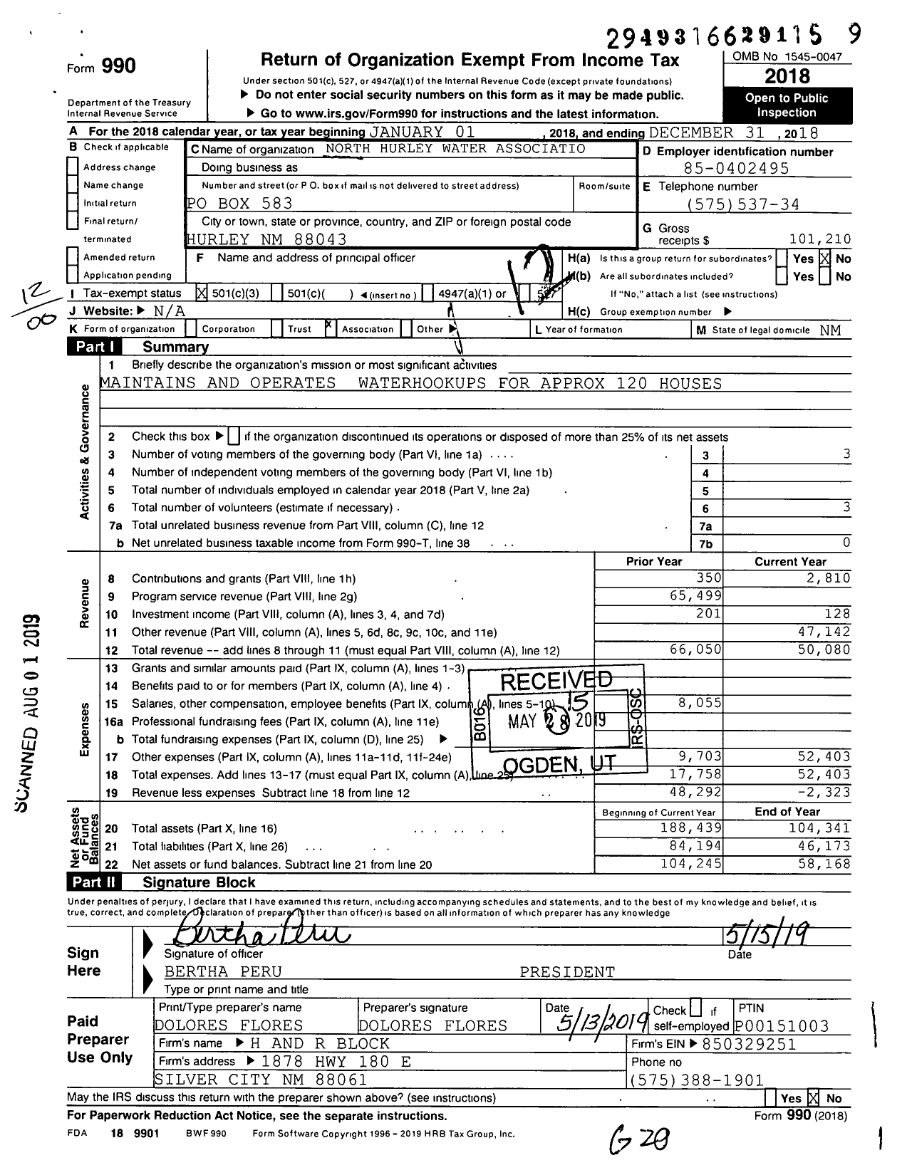 Image of first page of 2018 Form 990O for North Hurley Water Associatio