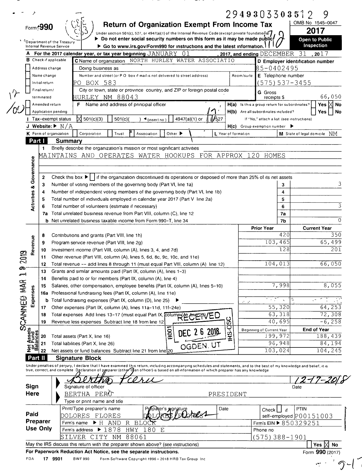 Image of first page of 2017 Form 990O for North Hurley Water Associatio