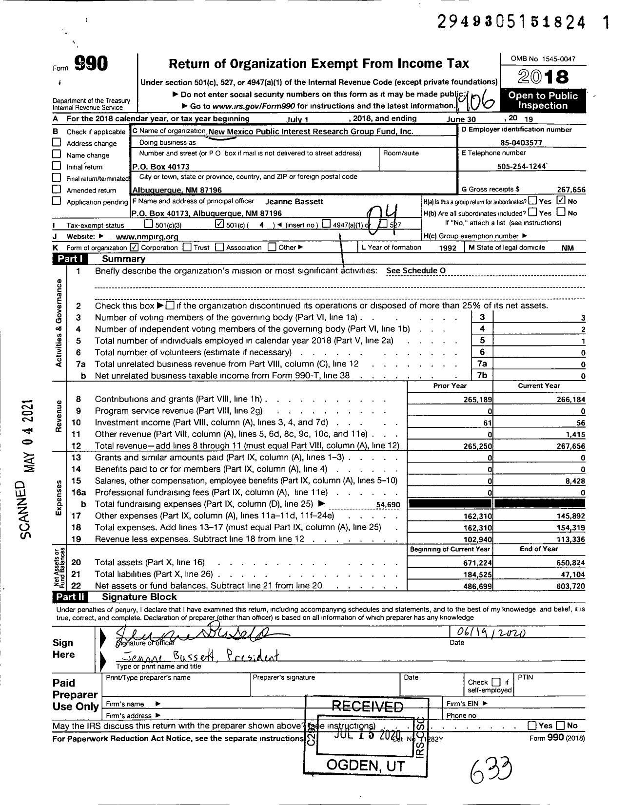 Image of first page of 2018 Form 990O for New Mexico Public Interest Research Group Education Fund
