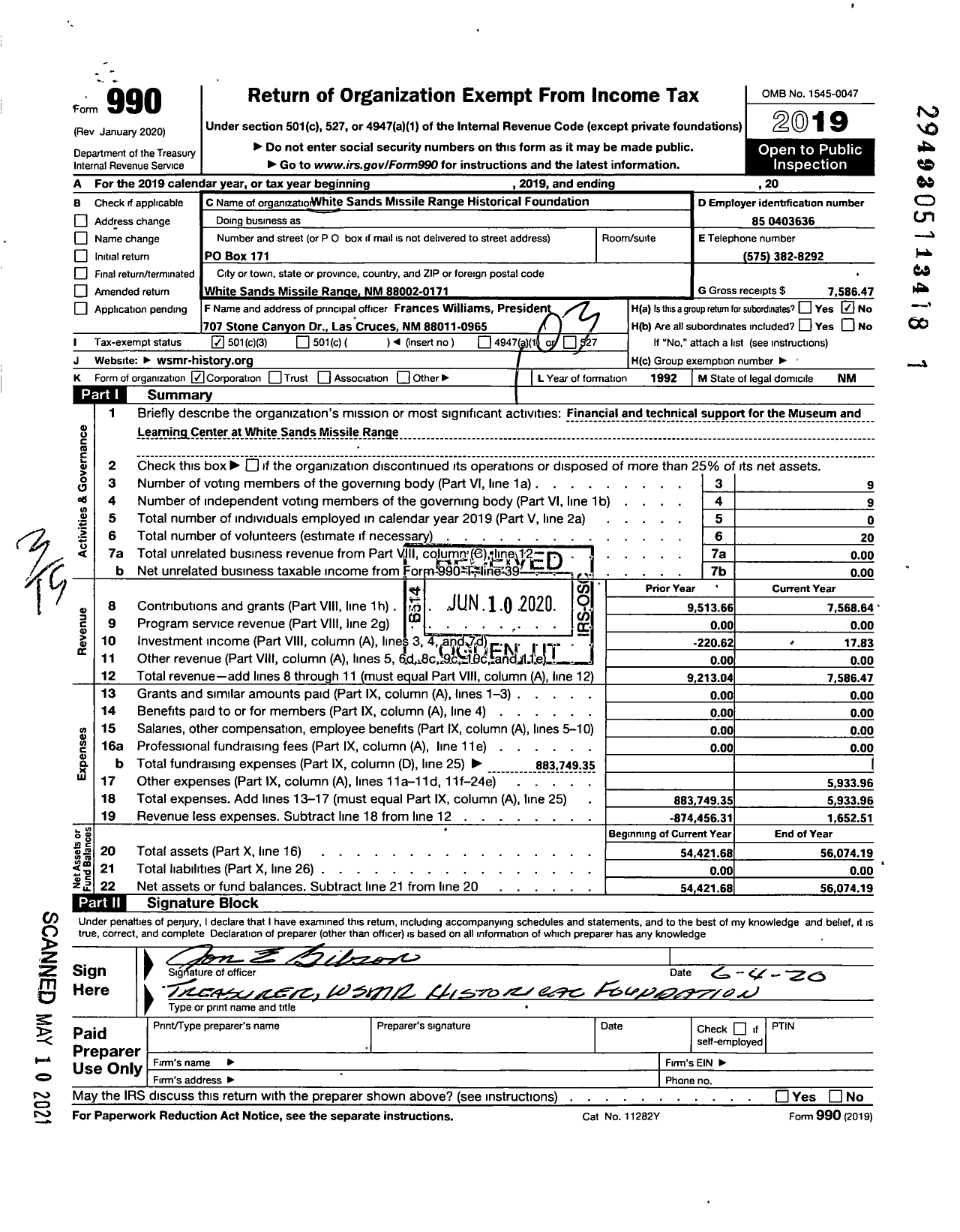 Image of first page of 2019 Form 990 for White Sands Missile Range Historical Foundation