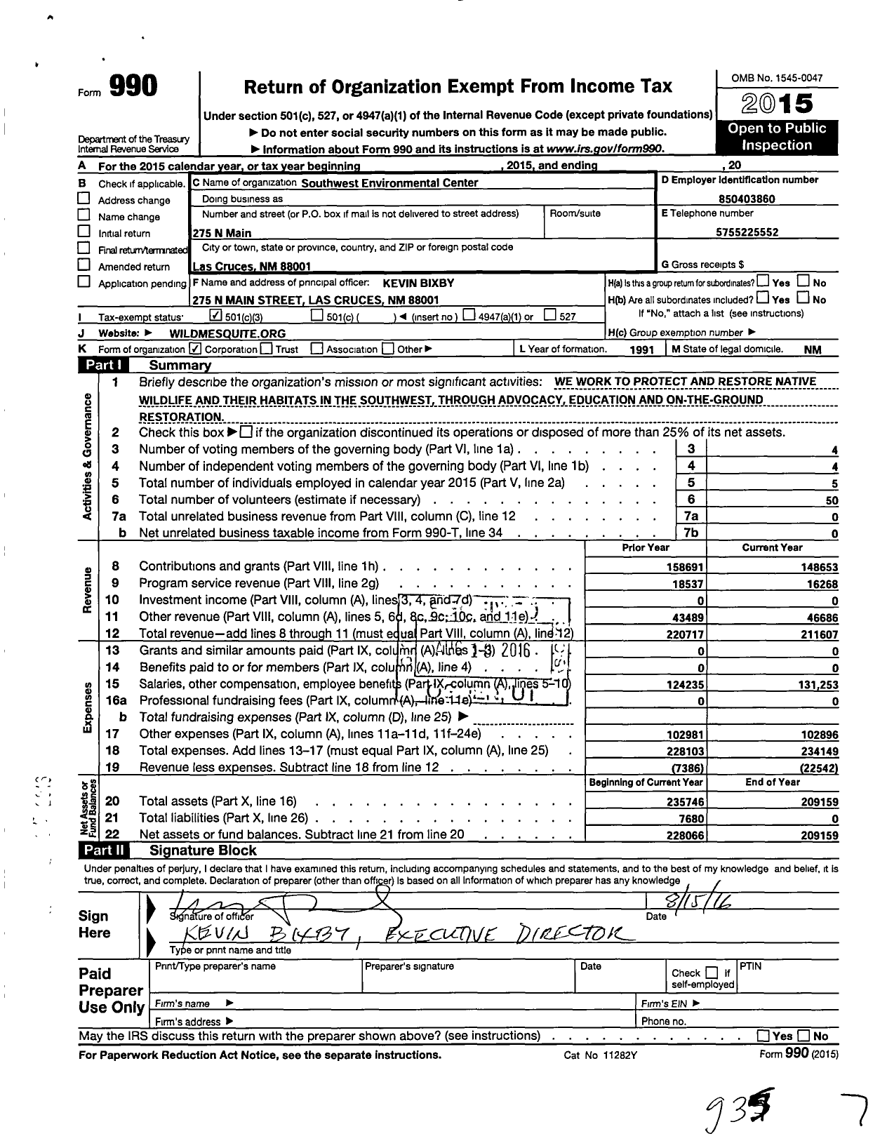 Image of first page of 2015 Form 990 for Wildlife for All