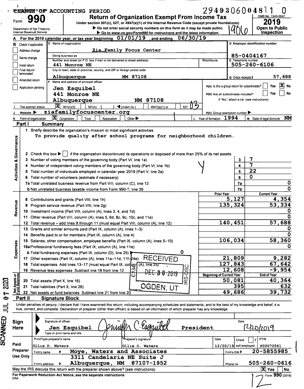 Image of first page of 2018 Form 990 for Zia Family Focus Center