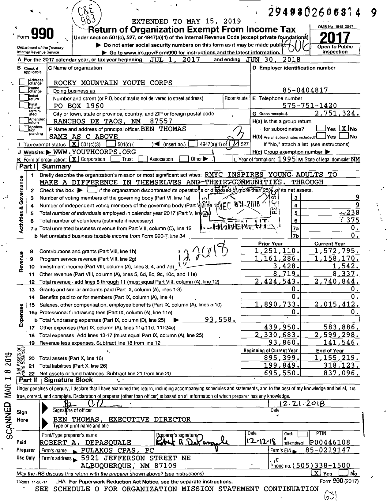Image of first page of 2017 Form 990 for Rocky Mountain Youth Corps (RMYC)