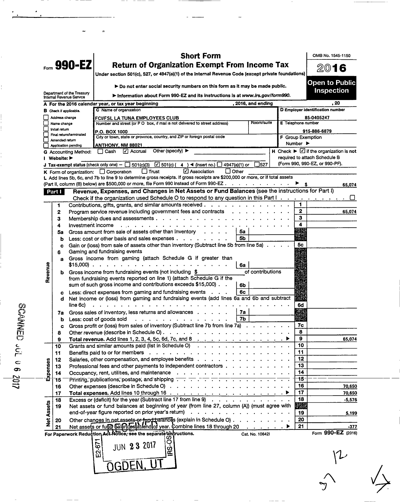 Image of first page of 2016 Form 990EO for Fcifsl FSL La Tuna Employees Club