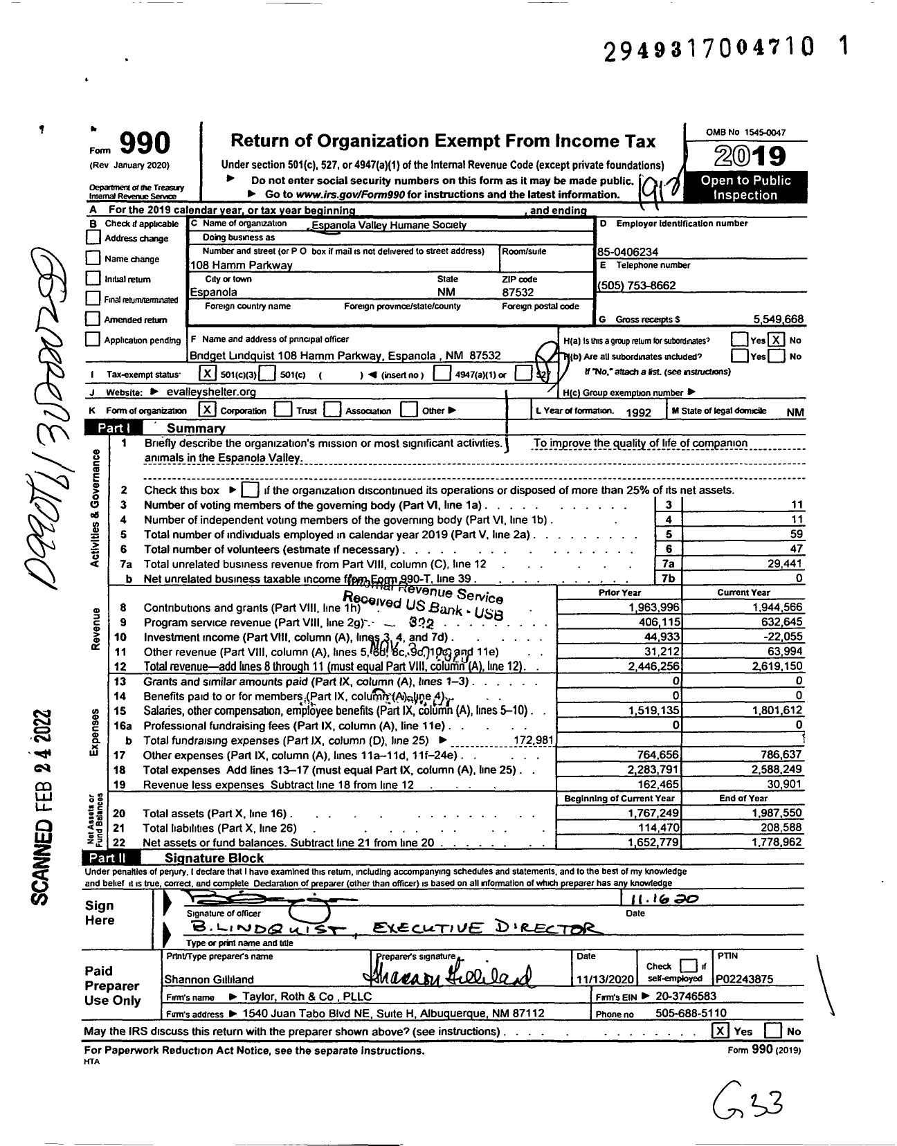Image of first page of 2019 Form 990 for Espanola Valley Humane Society (EVHS)