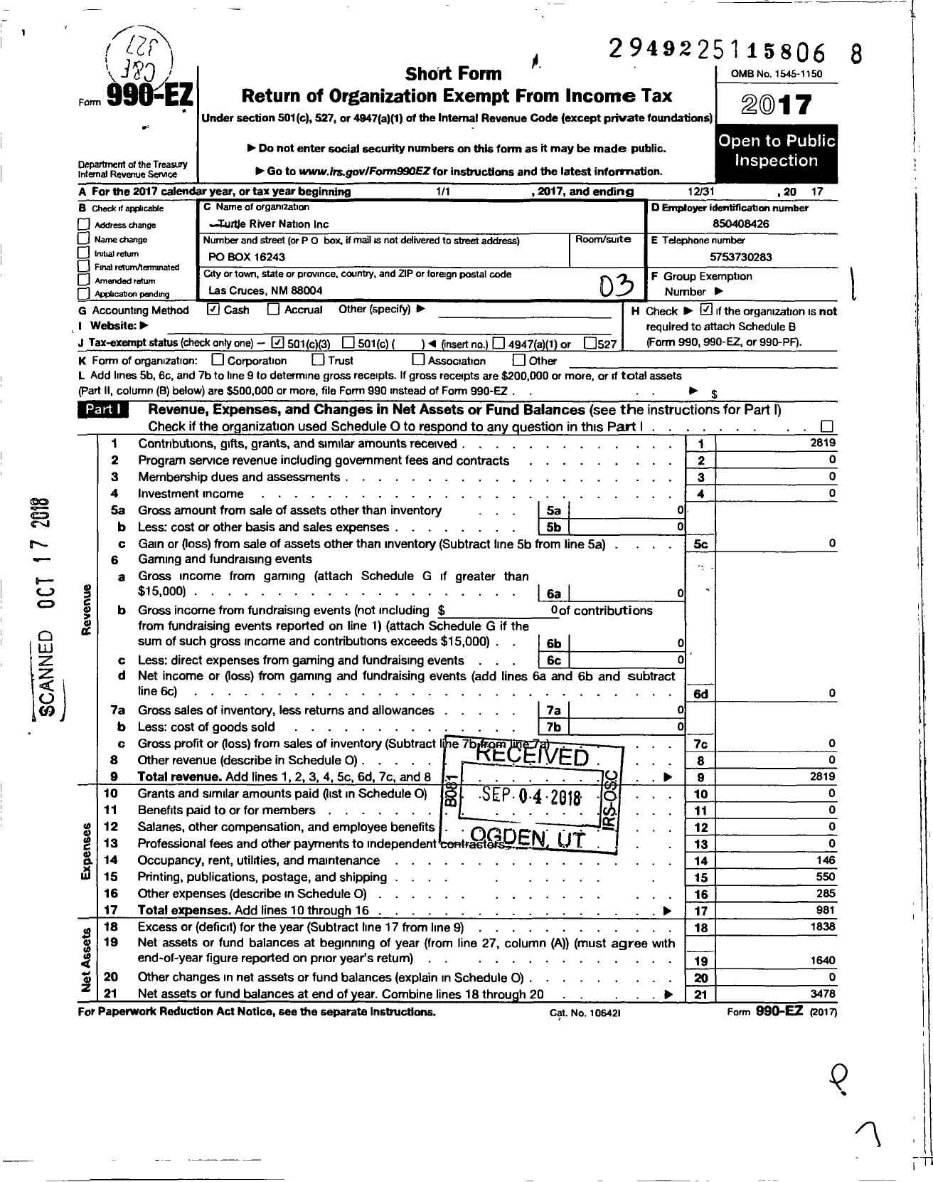 Image of first page of 2017 Form 990EZ for Turtle River Nation