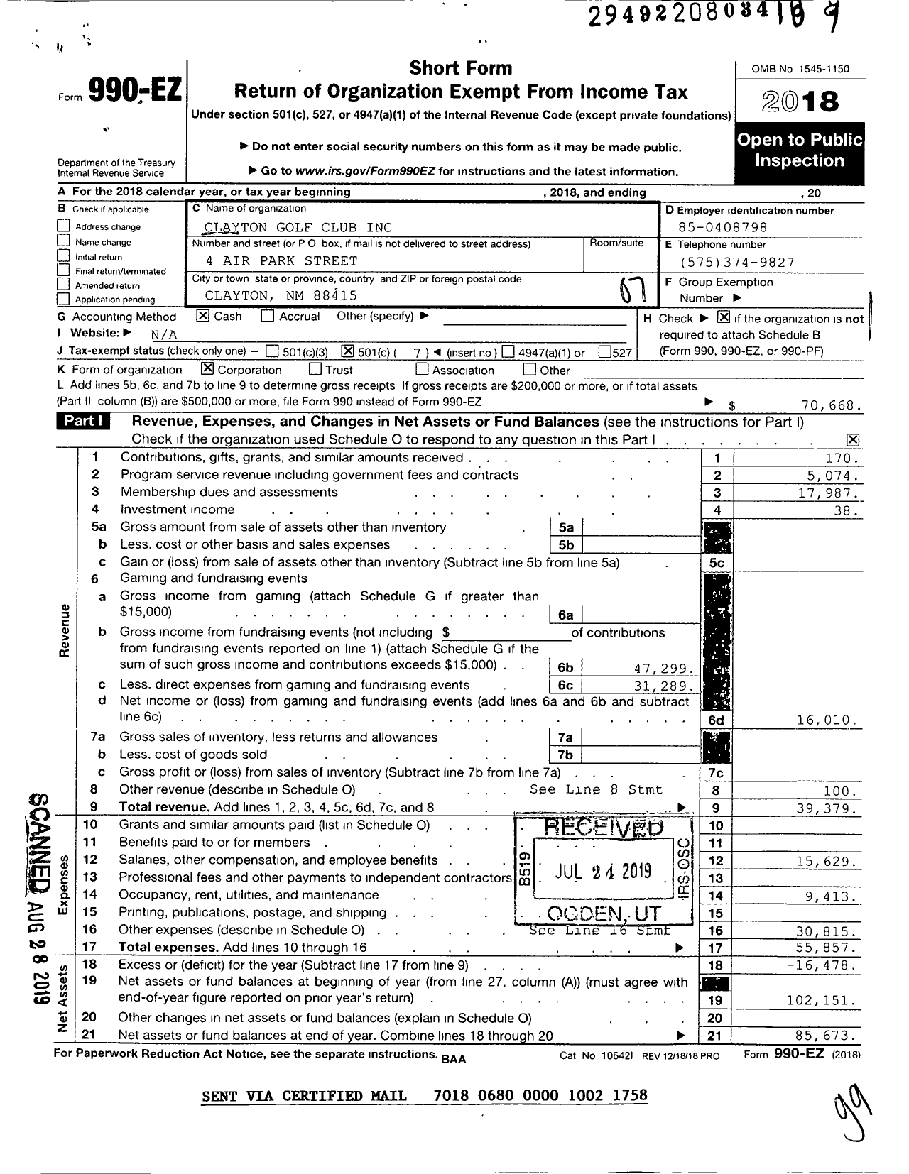 Image of first page of 2018 Form 990EO for Clayton Golf Club