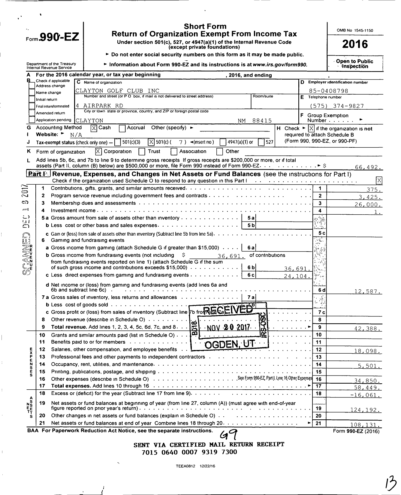 Image of first page of 2016 Form 990EO for Clayton Golf Club