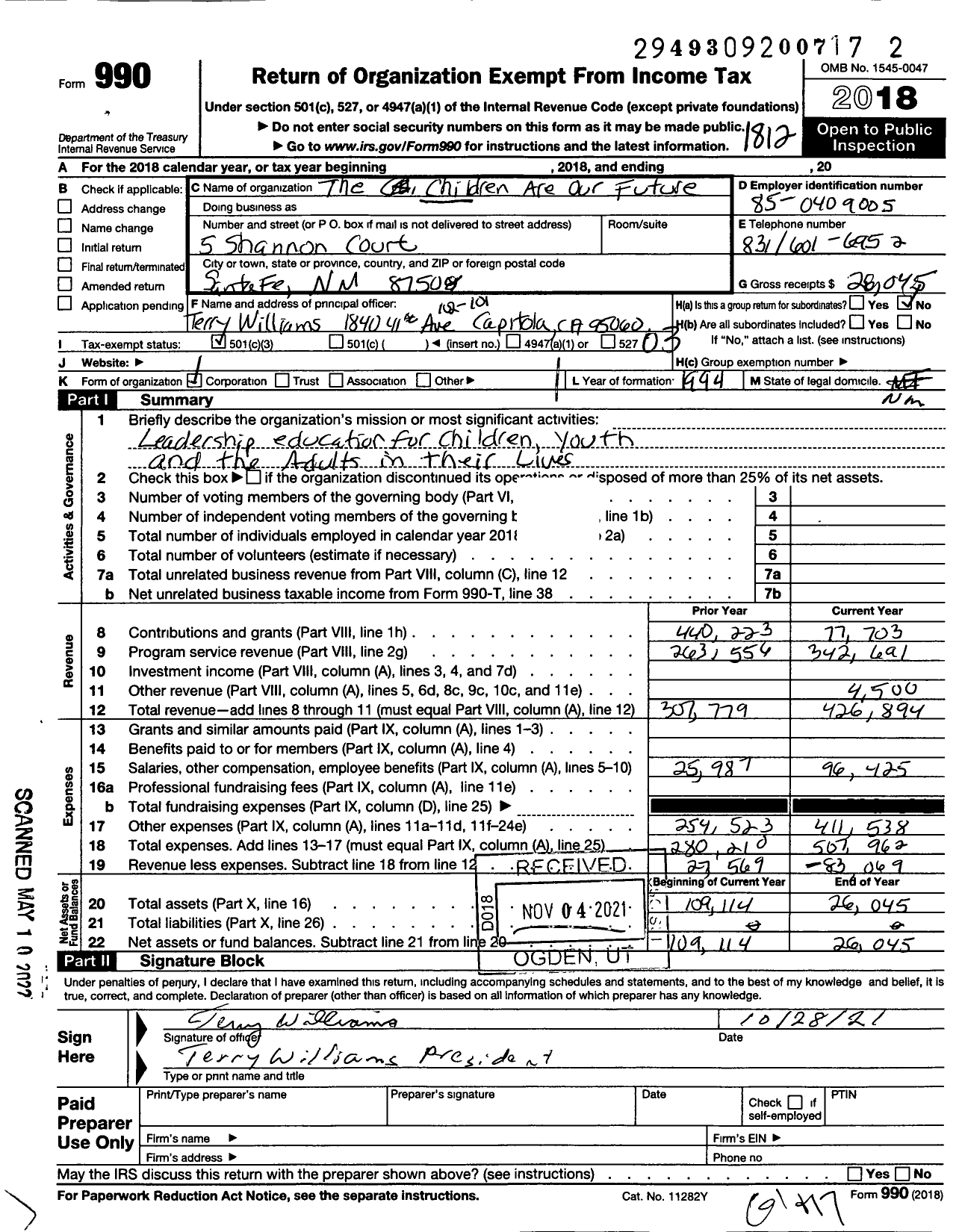 Image of first page of 2018 Form 990 for The Children Are Our Future