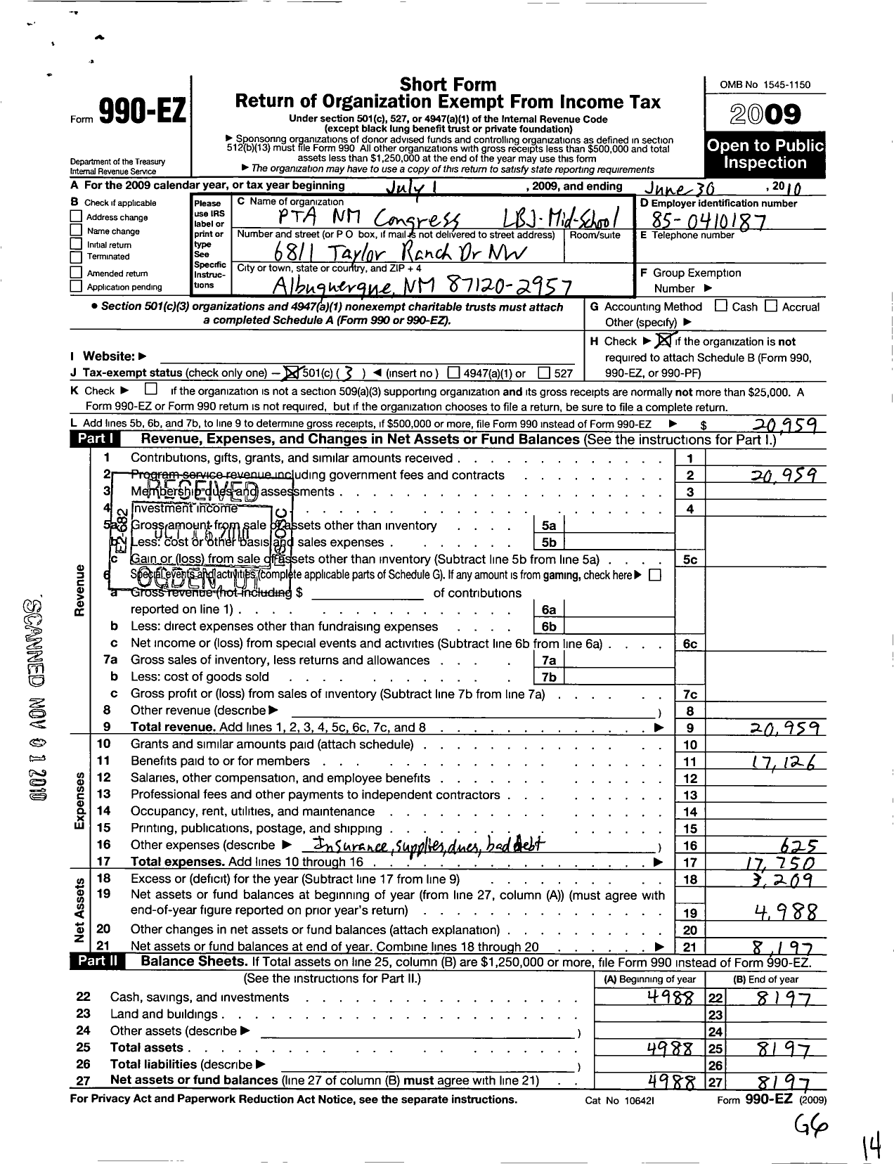 Image of first page of 2009 Form 990EZ for PTA New Mexico Congress / Lbj-Mid-School