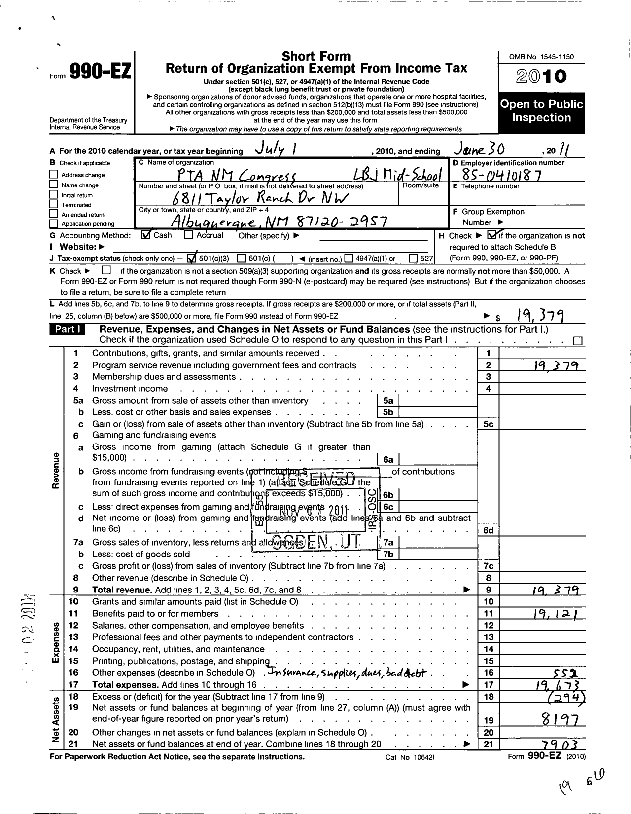 Image of first page of 2010 Form 990EZ for PTA New Mexico Congress / Lbj-Mid-School