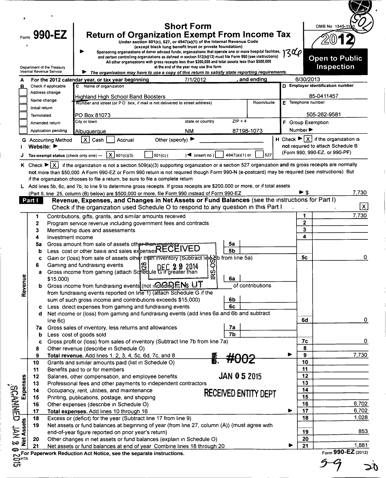 Image of first page of 2012 Form 990EZ for Highland High School Band Boosters Club