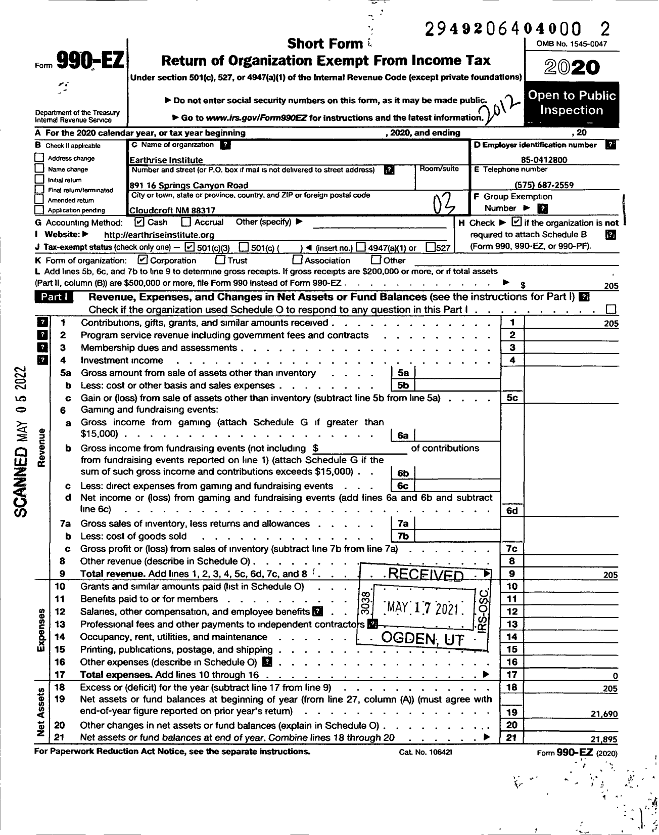 Image of first page of 2020 Form 990EZ for Earthrise Institute