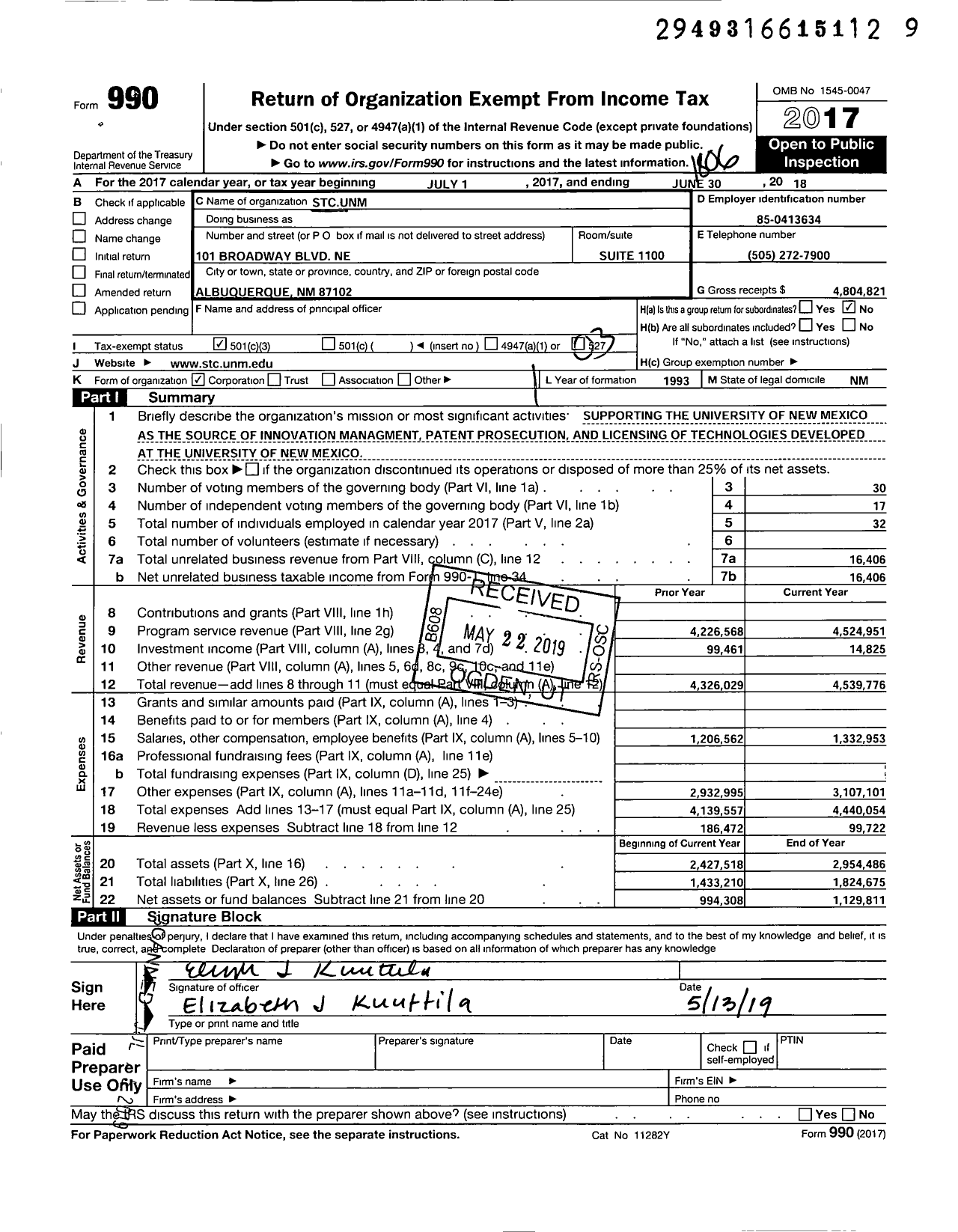 Image of first page of 2017 Form 990 for STC Unm