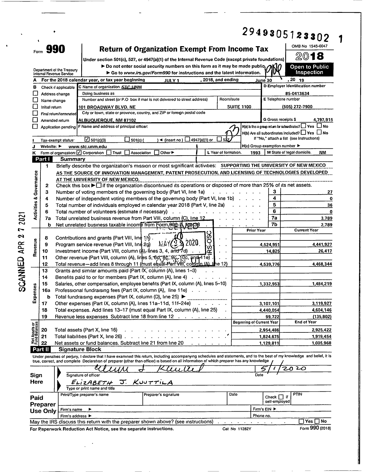 Image of first page of 2018 Form 990 for STC Unm