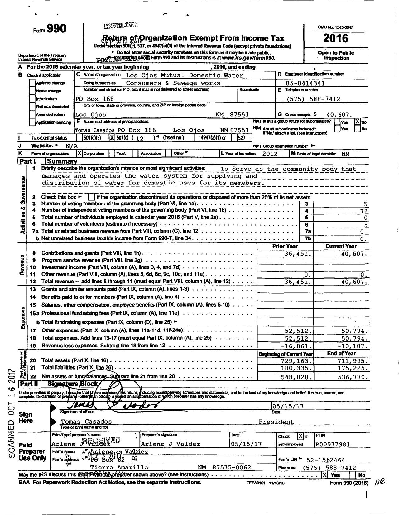 Image of first page of 2016 Form 990O for Consumers & Sewage works