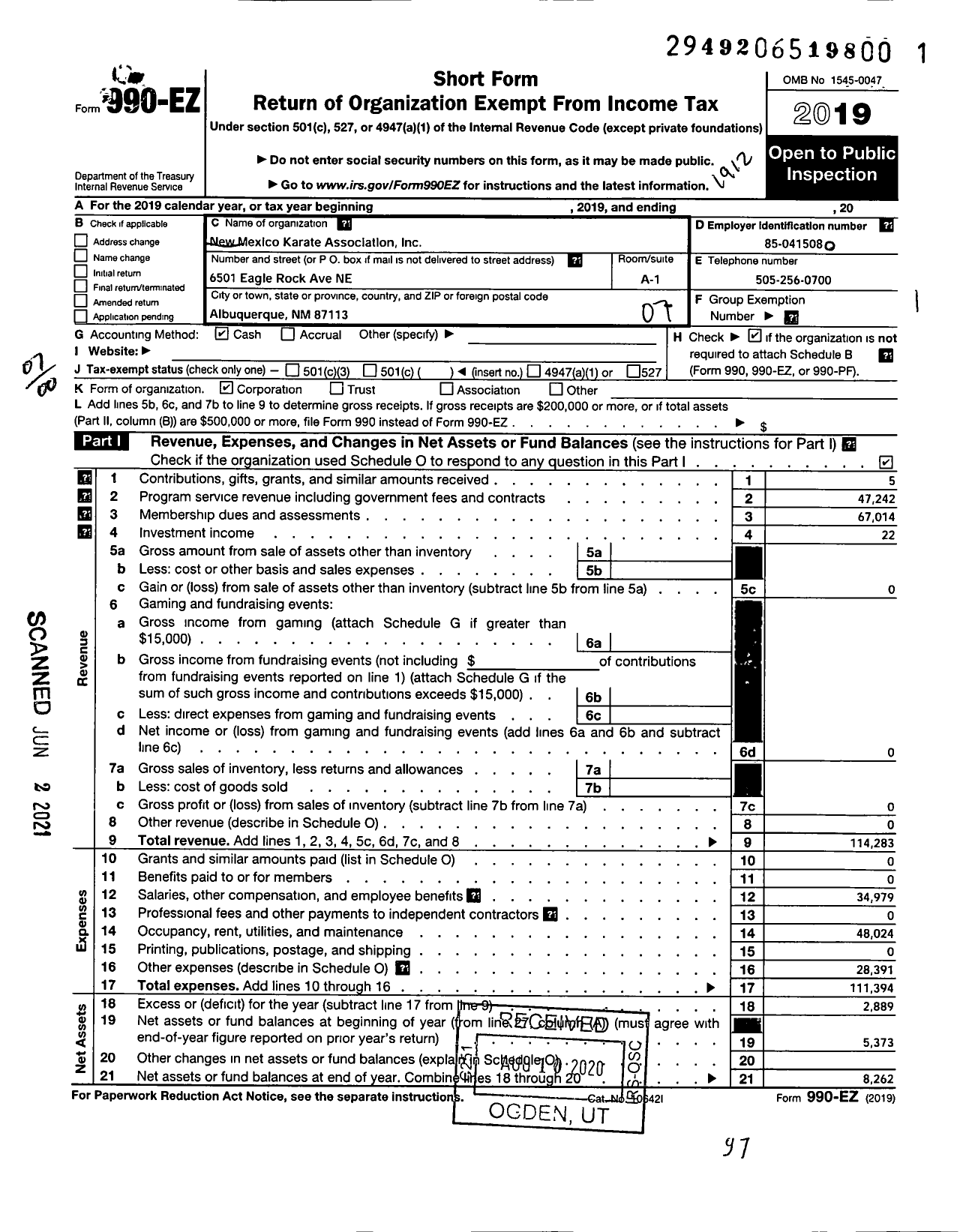 Image of first page of 2019 Form 990EO for New Mexico Karate Association