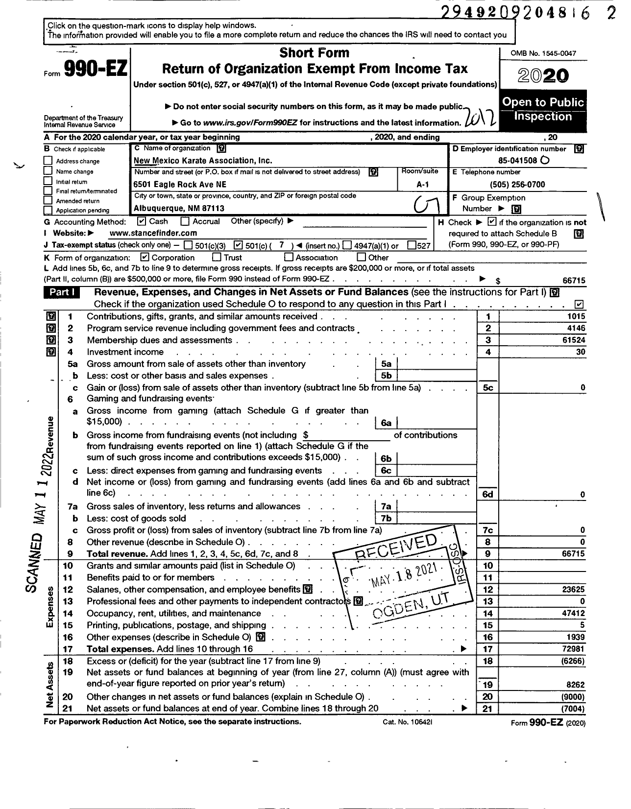 Image of first page of 2020 Form 990EO for New Mexico Karate Association